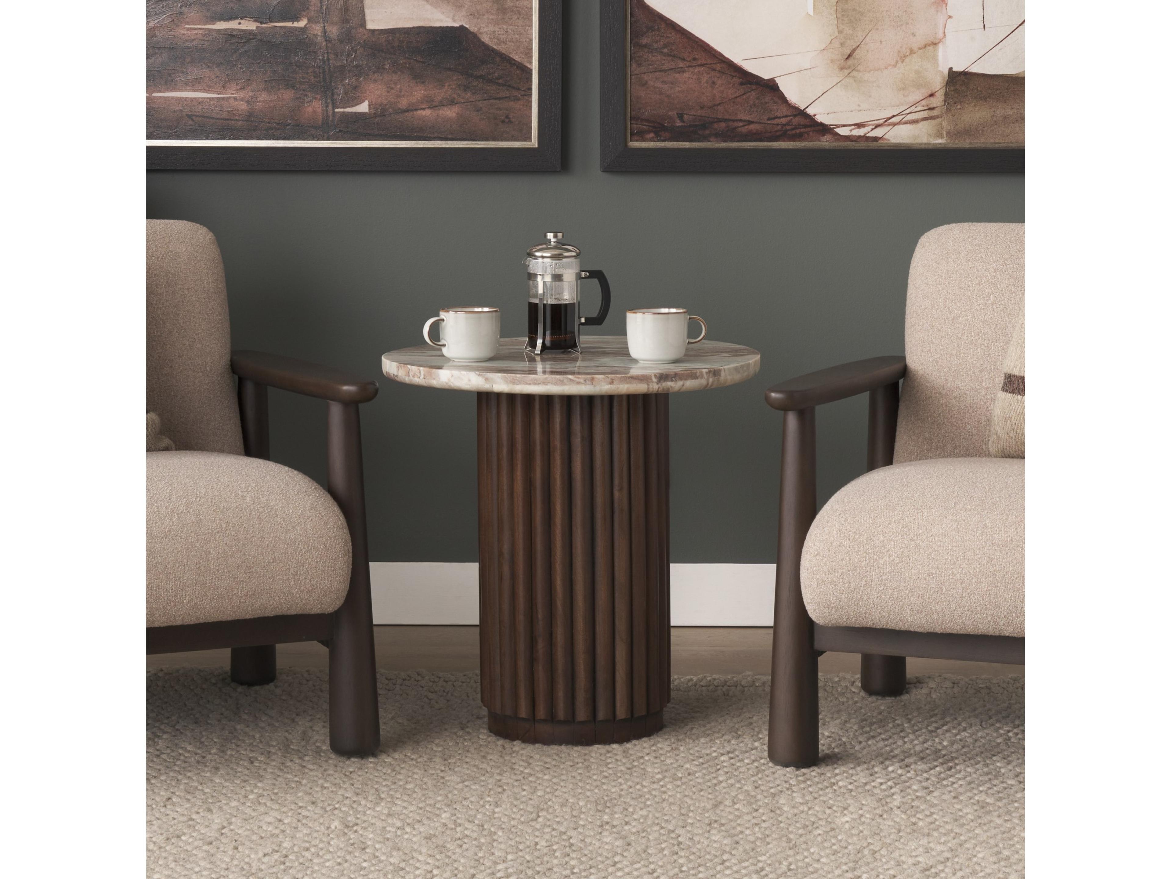 Mercana Marbrello Pink Marble Top Espresso Brown Fluted Wood Round Side Table