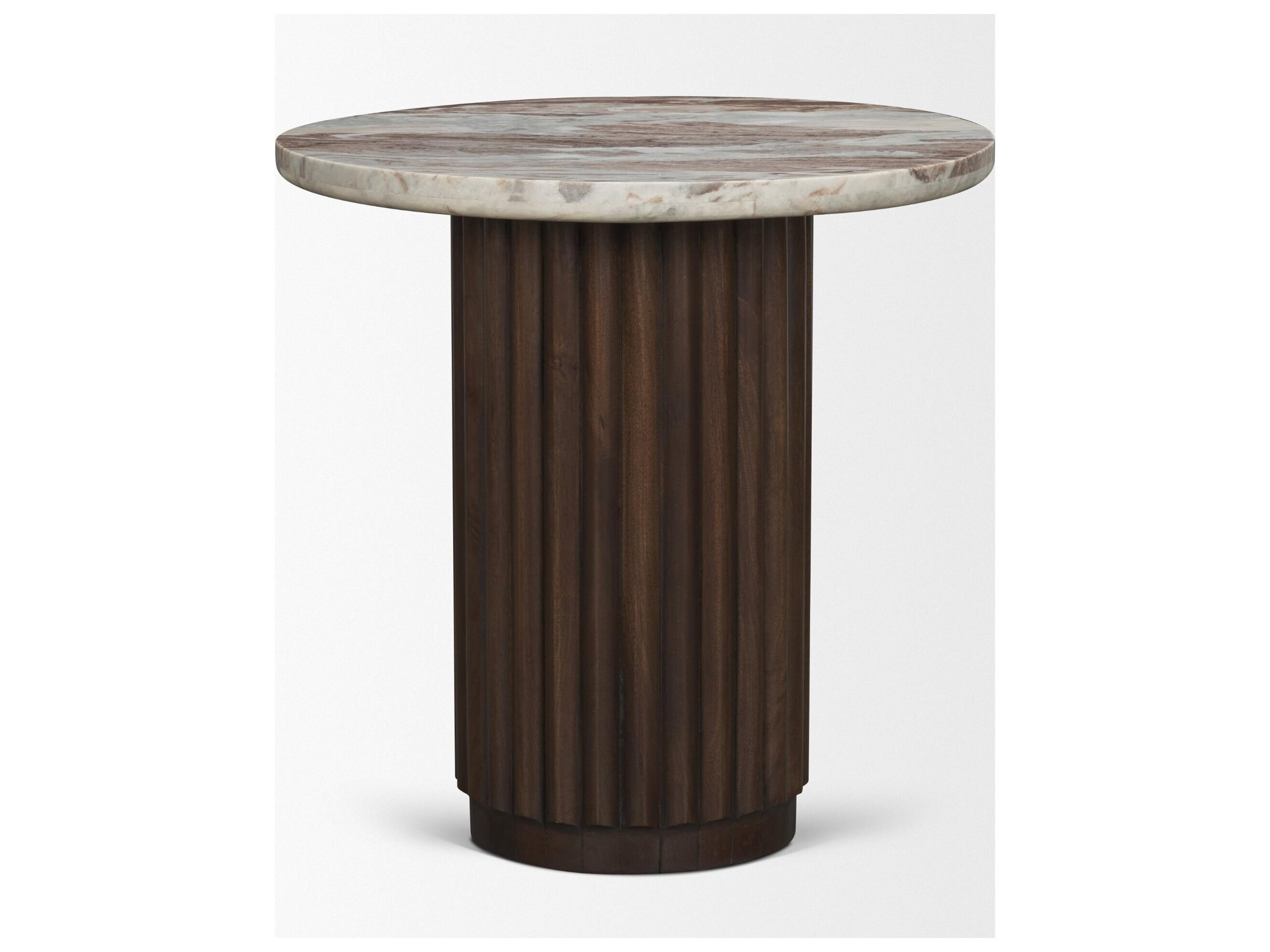 Mercana Marbrello Pink Marble Top Espresso Brown Fluted Wood Round Side Table