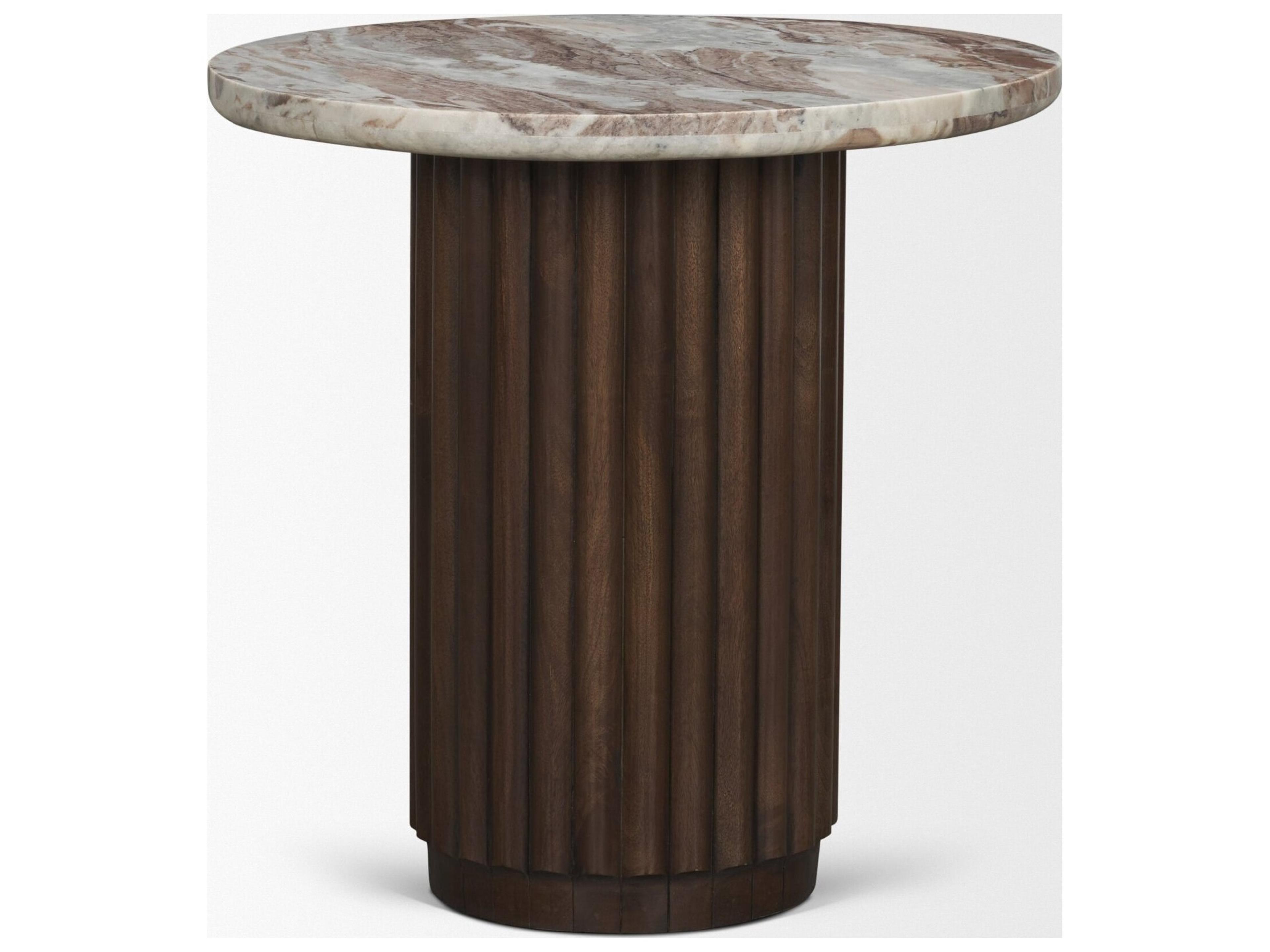 Mercana Marbrello Pink Marble Top Espresso Brown Fluted Wood Round Side Table