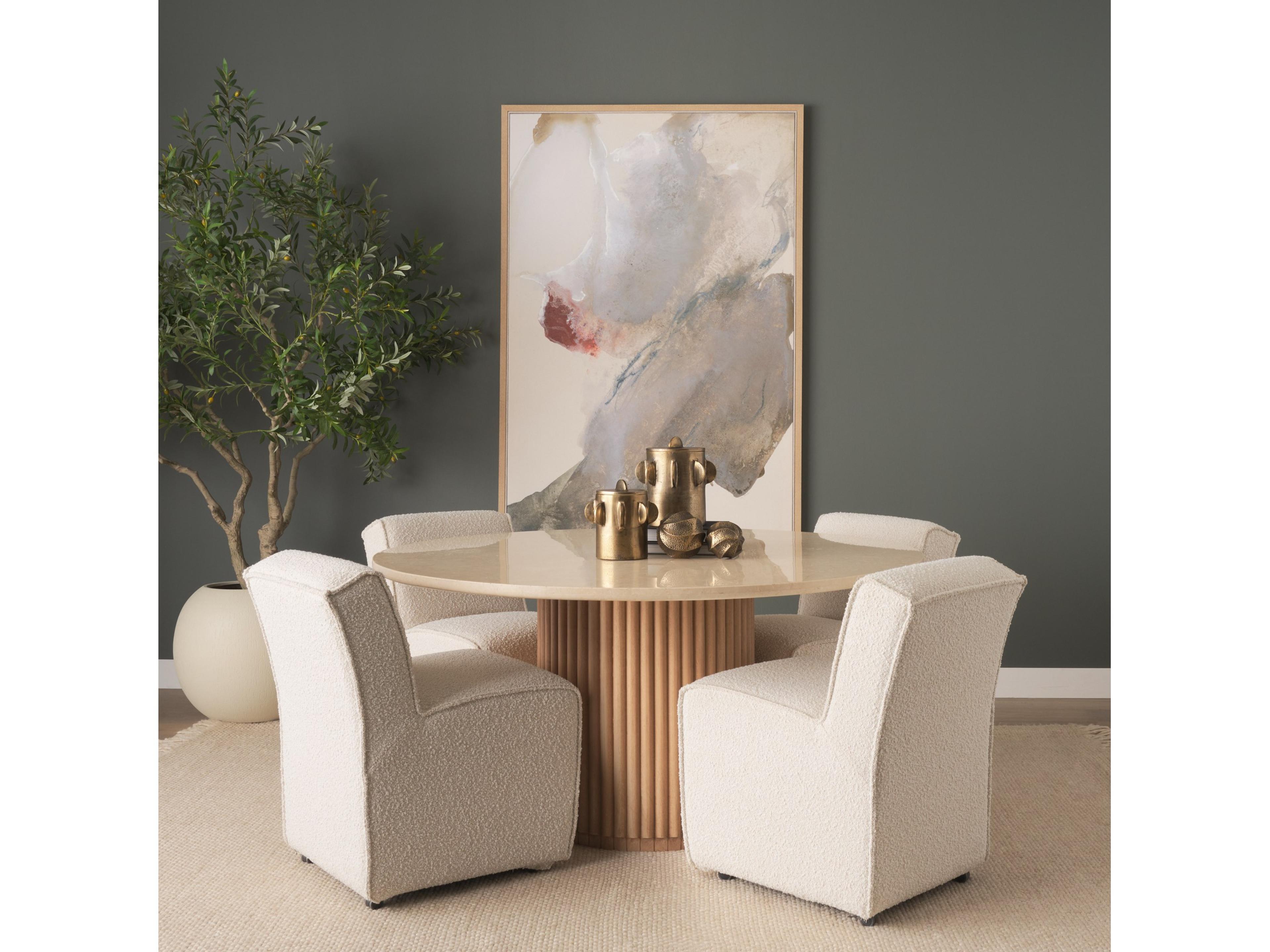 Mercana Marbrello 60" Botticino Marble Top Light Brown Fluted Wood Round Dining Table