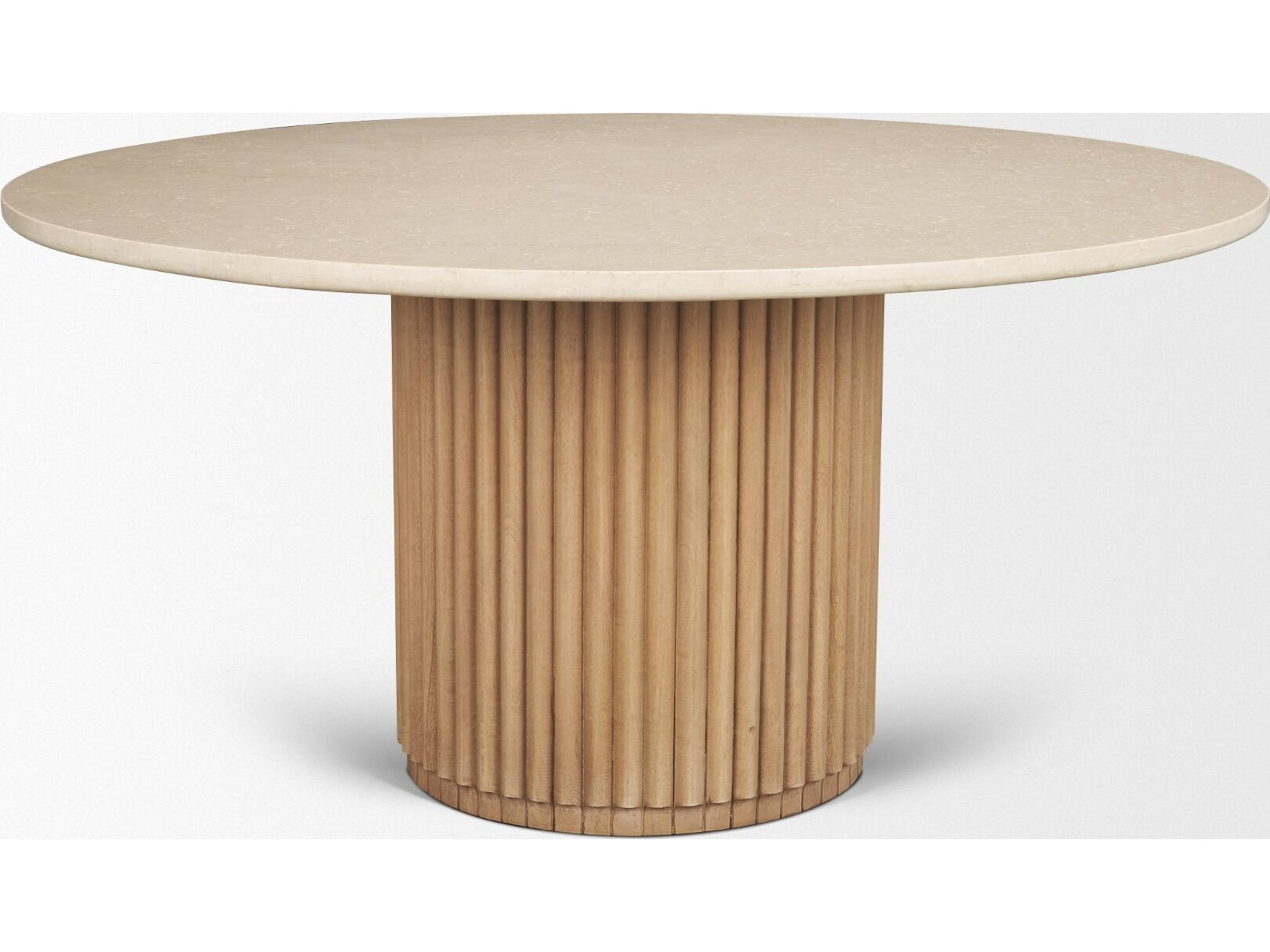 Mercana Marbrello 60" Botticino Marble Top Light Brown Fluted Wood Round Dining Table