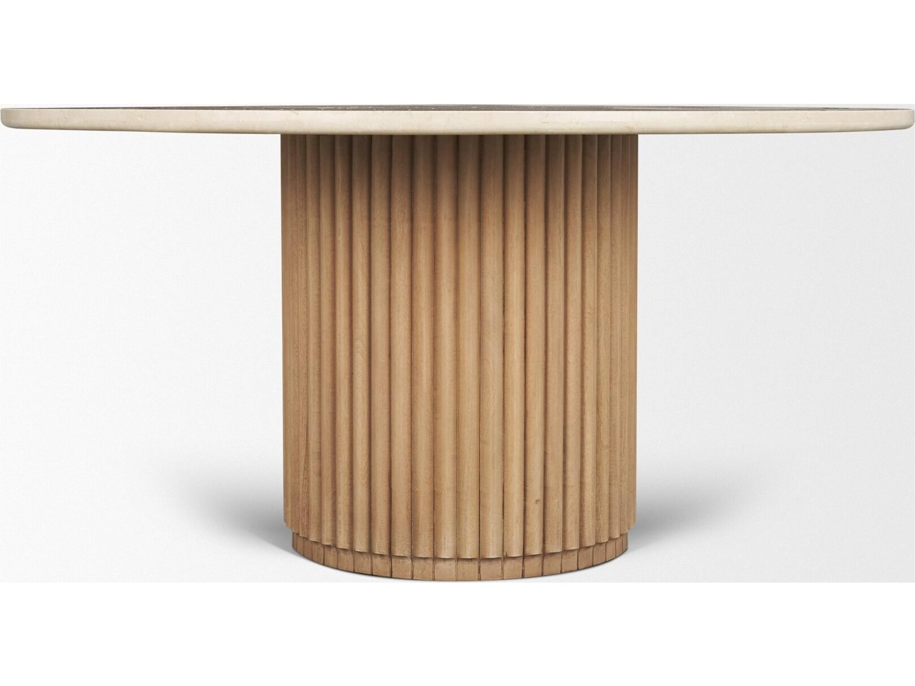 Mercana Marbrello 60" Botticino Marble Top Light Brown Fluted Wood Round Dining Table