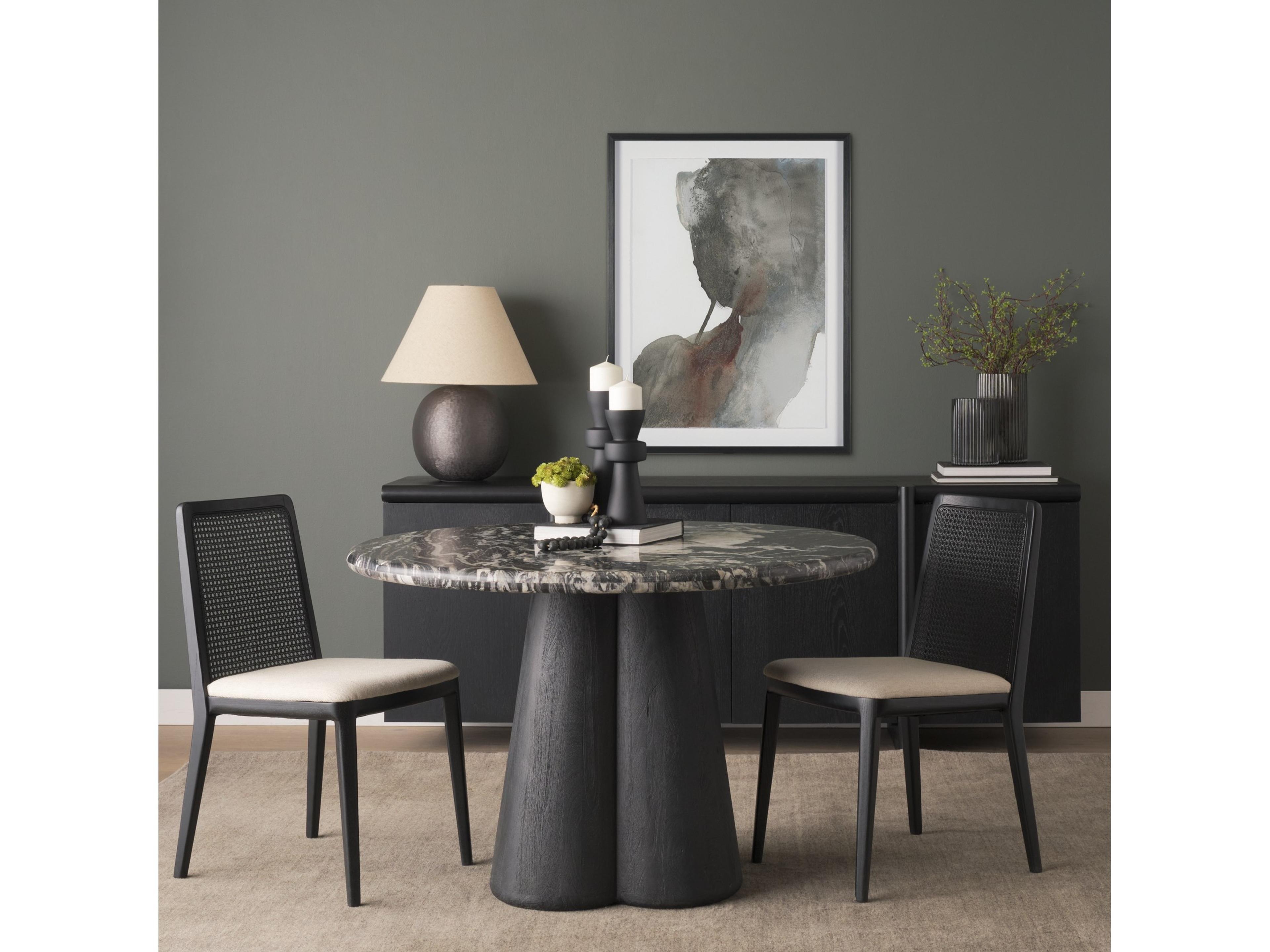 Mercana Marilyn 48" Black Forest Marble Black Wood Pedestal Round Dining Table
