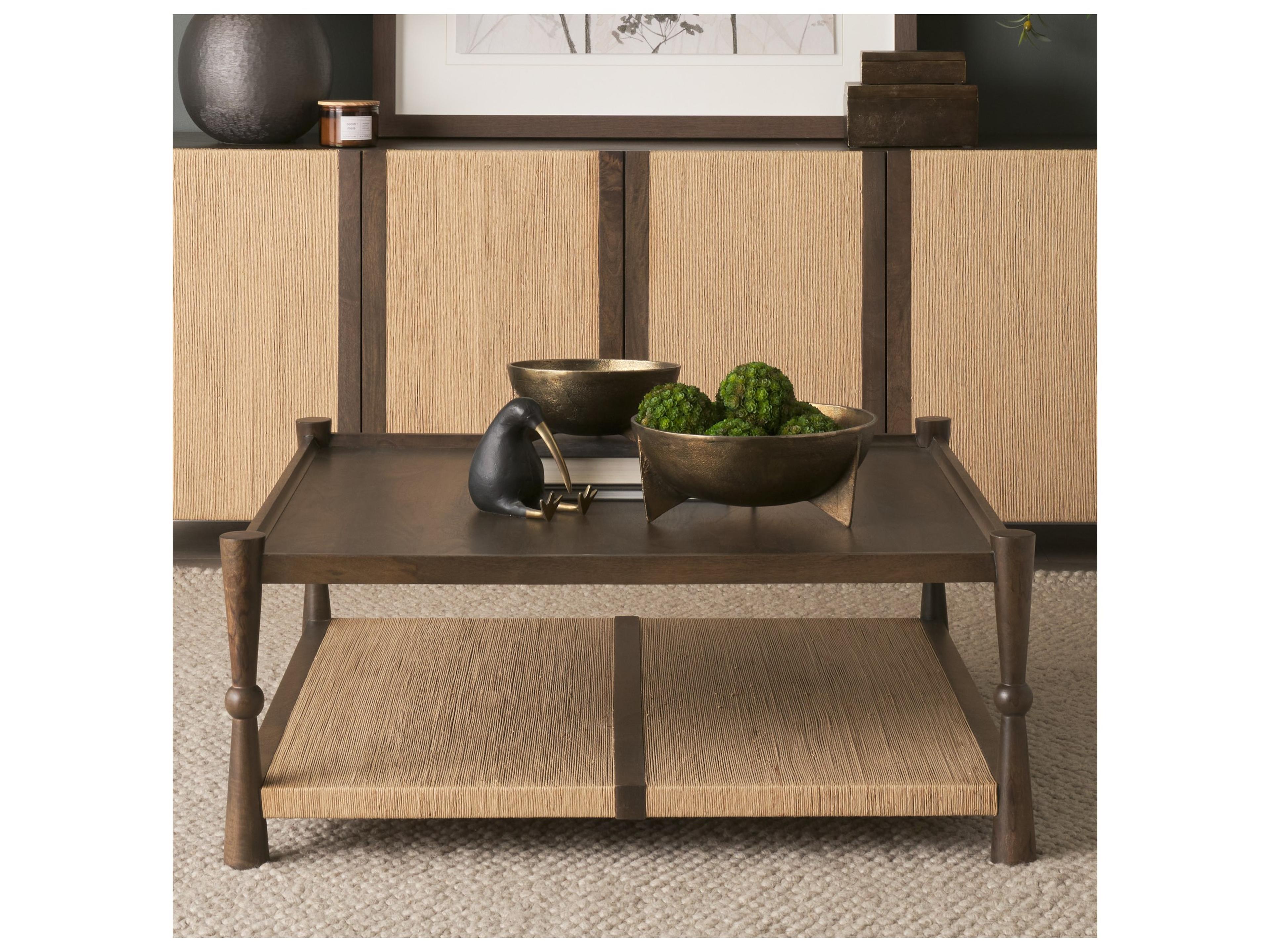 Mercana Bondi 42" Dark Brown Wood w/ Paper Rope Shelf Square Coffee Table