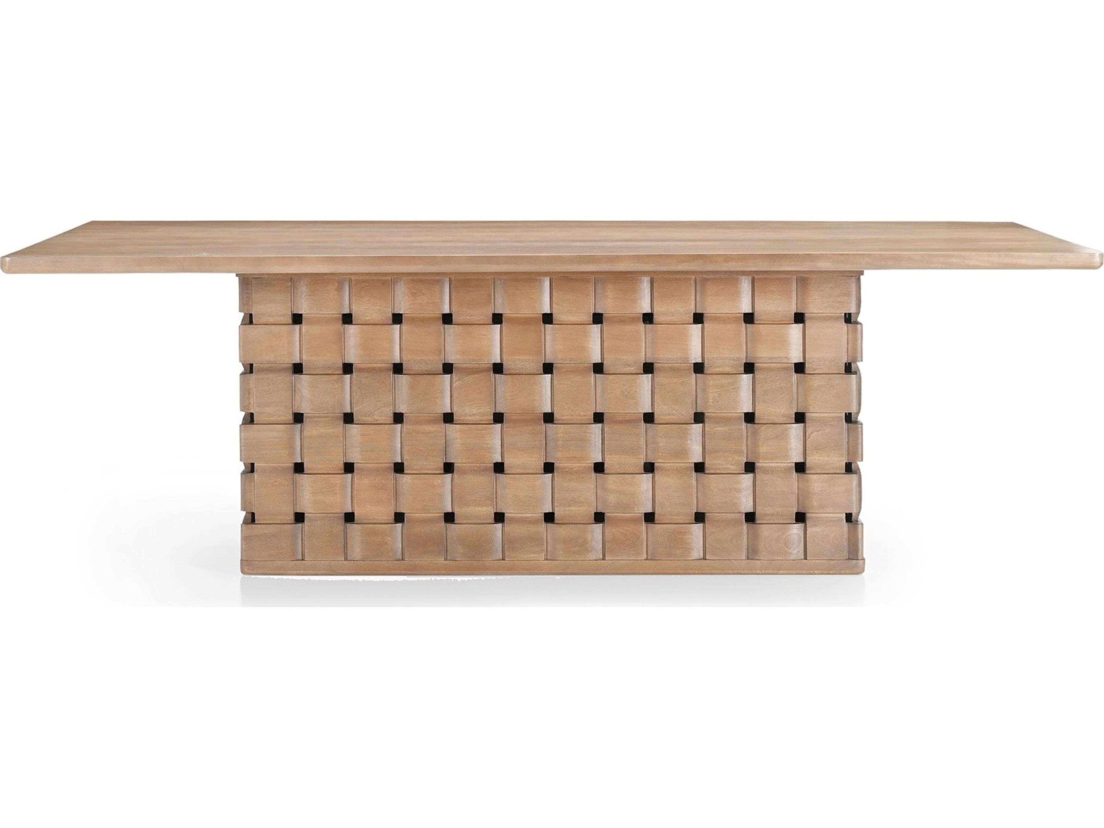 Trellyn 94" Light Brown Solid Wood Carved Woven Base Rectangular Dining Table