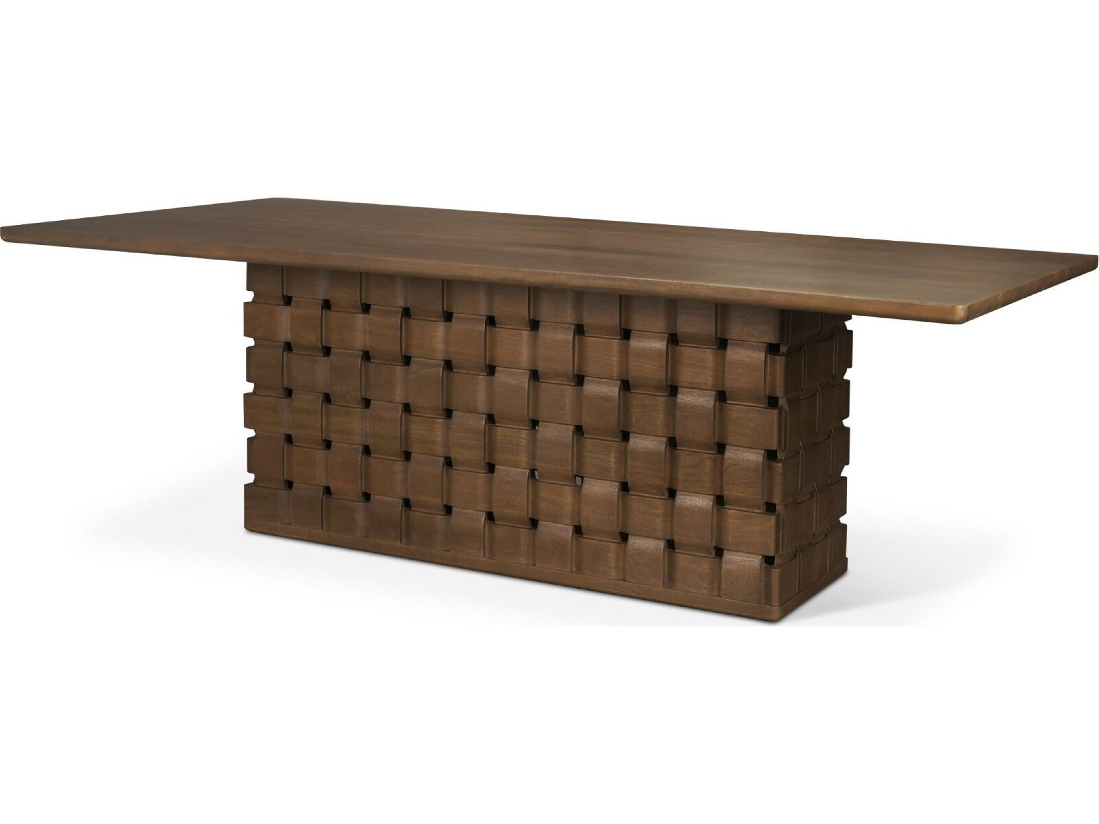 Trellyn 94" Dark Brown Solid Wood Carved Woven Base Rectangular Dining Table