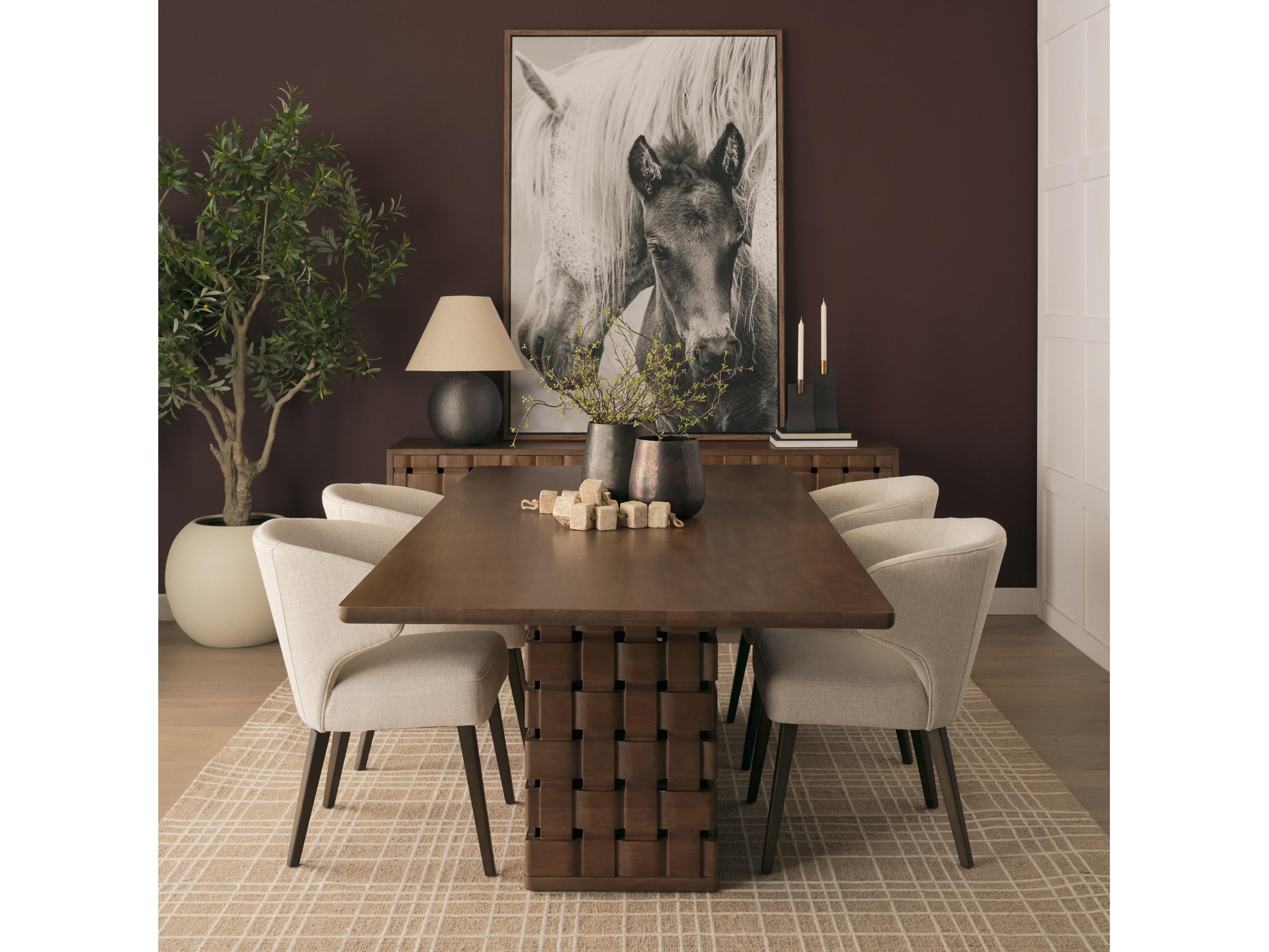 Mercana Trellyn 94" Dark Brown Solid Wood Carved Woven Base Rectangular Dining Table