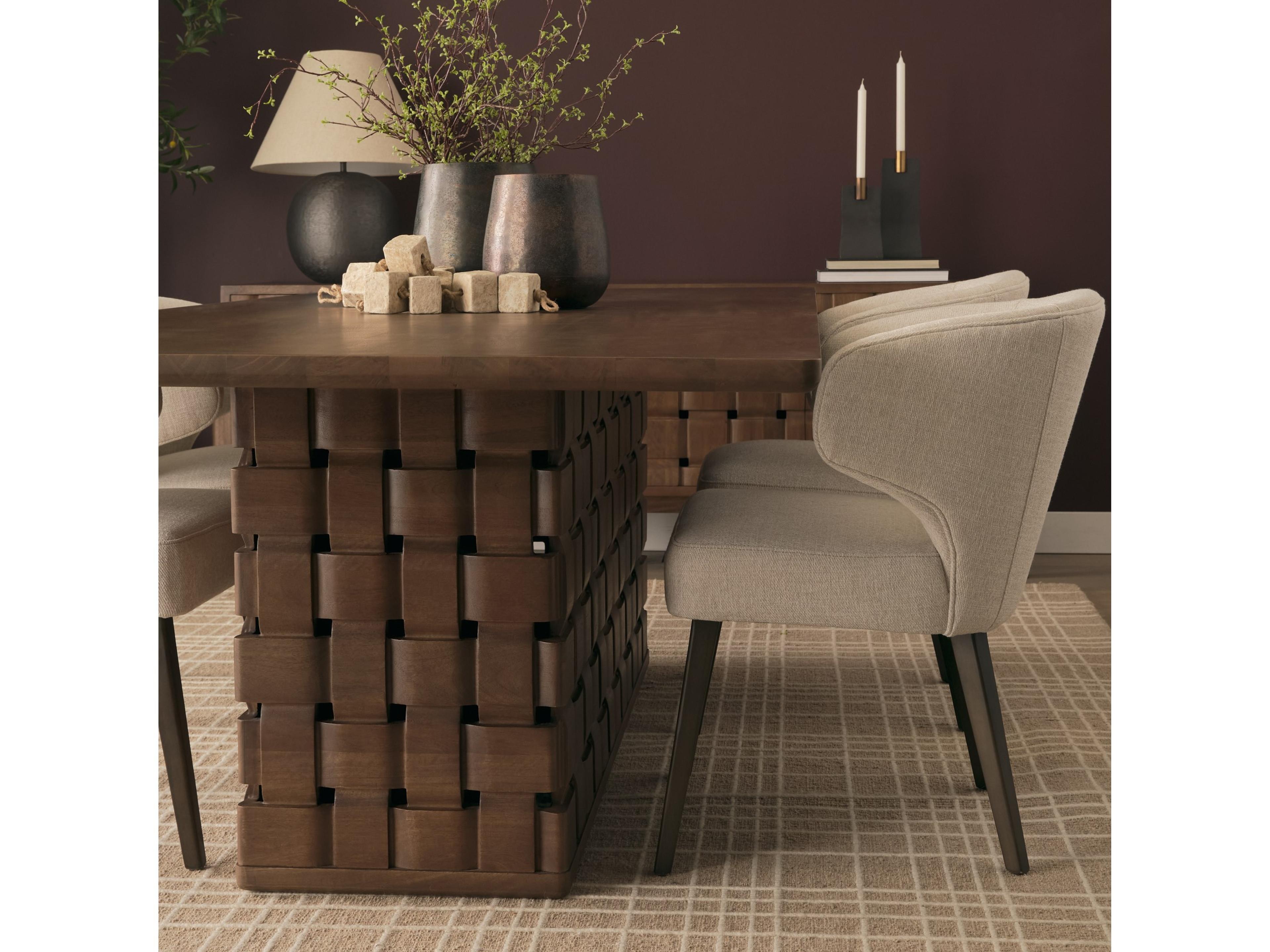 Mercana Trellyn 94" Dark Brown Solid Wood Carved Woven Base Rectangular Dining Table