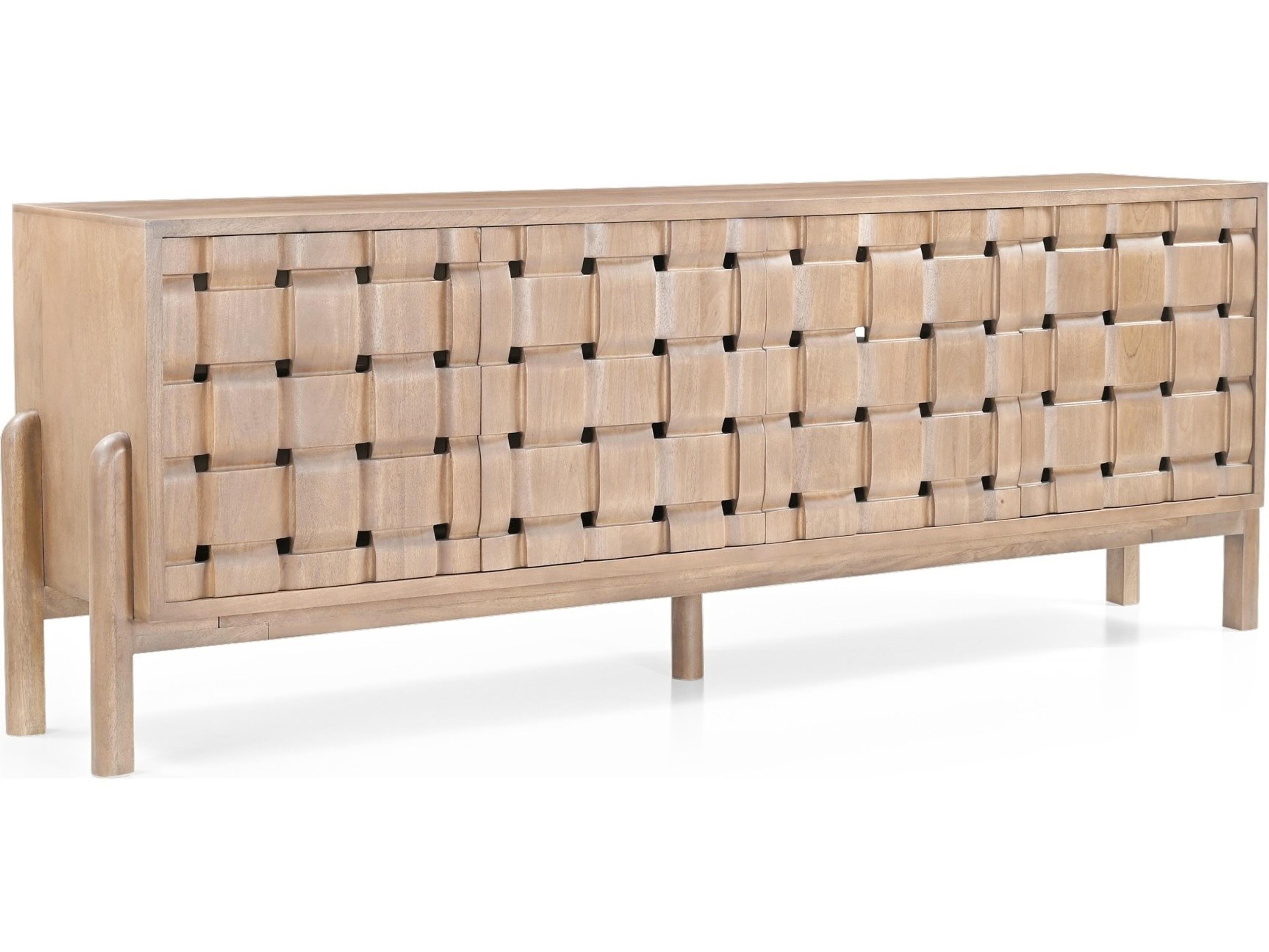 Trellyn Light Brown Solid Wood 4-Door Sideboard with Carved Woven Doors