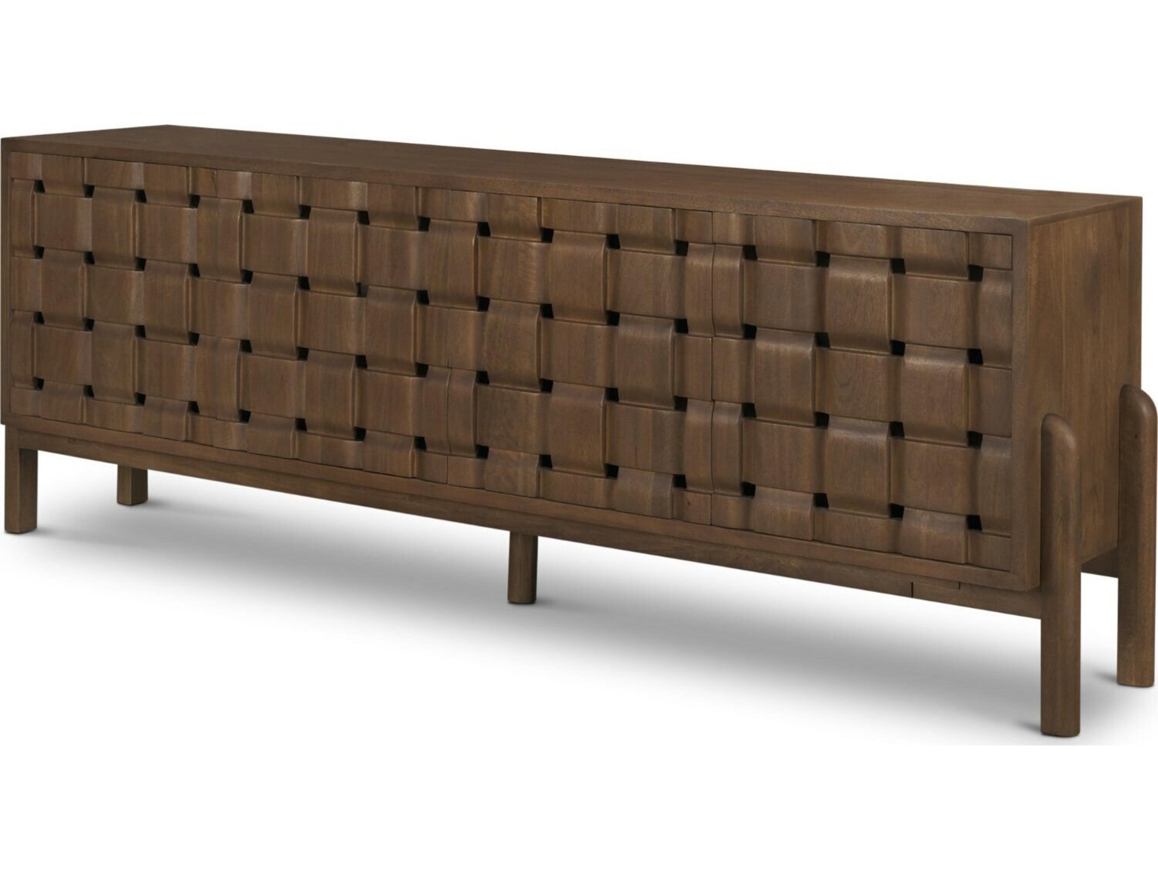 Trellyn Dark Brown Solid Wood 4-Door w/ Carved Woven Doors Closed Sideboard