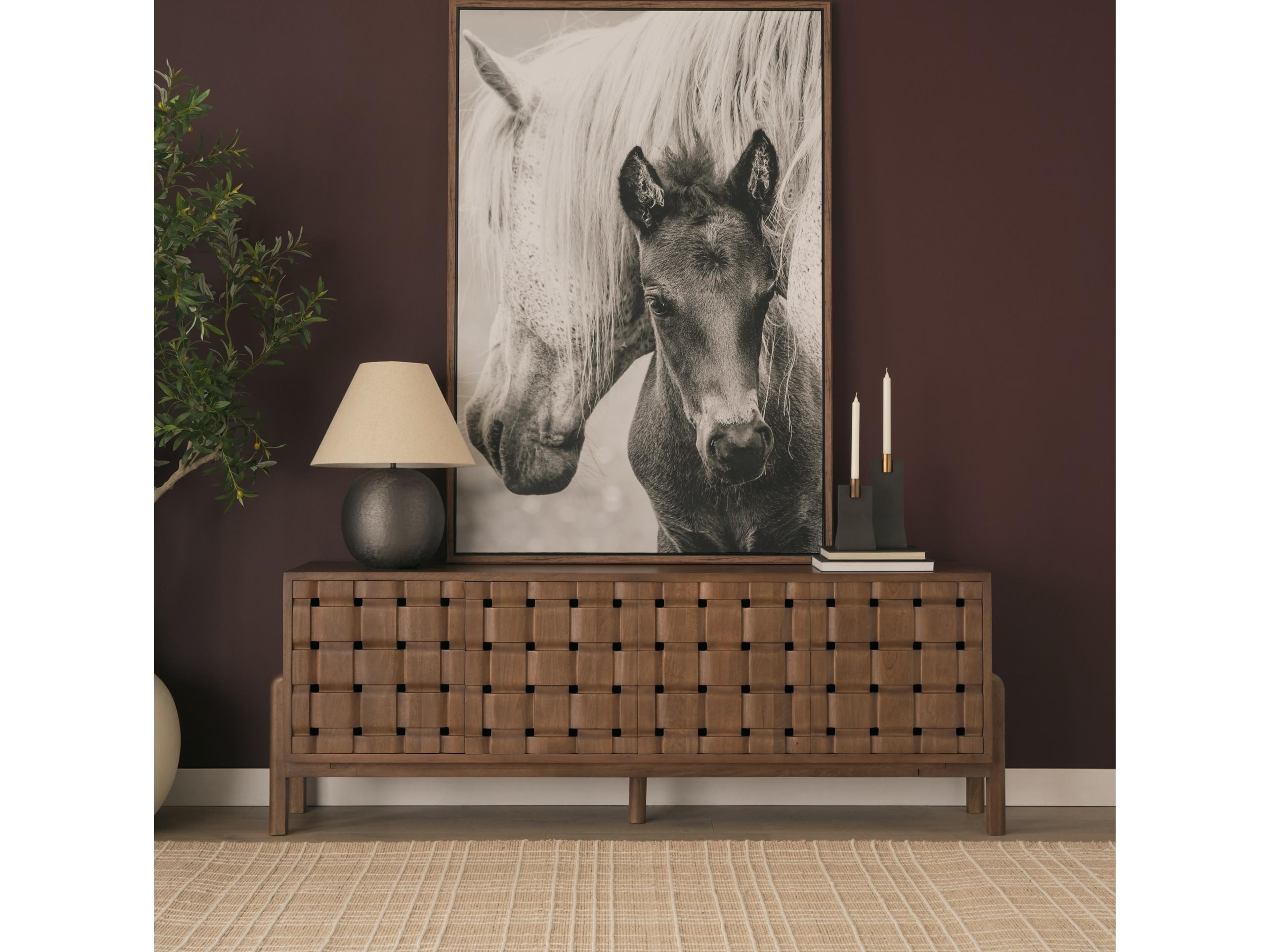 Mercana Trellyn Dark Brown Solid Wood 4-Door w/ Carved Woven Doors Closed Sideboard