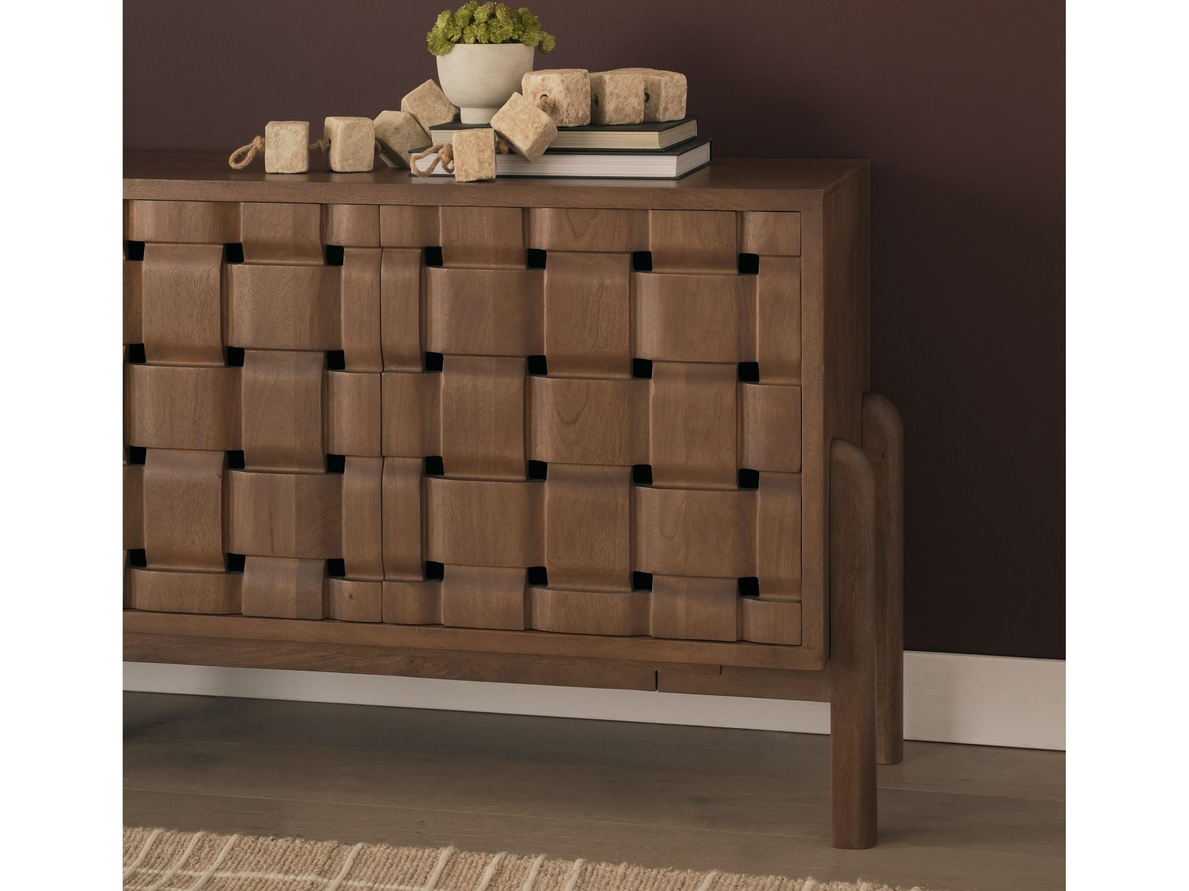Mercana Trellyn Dark Brown Solid Wood 4-Door w/ Carved Woven Doors Closed Sideboard