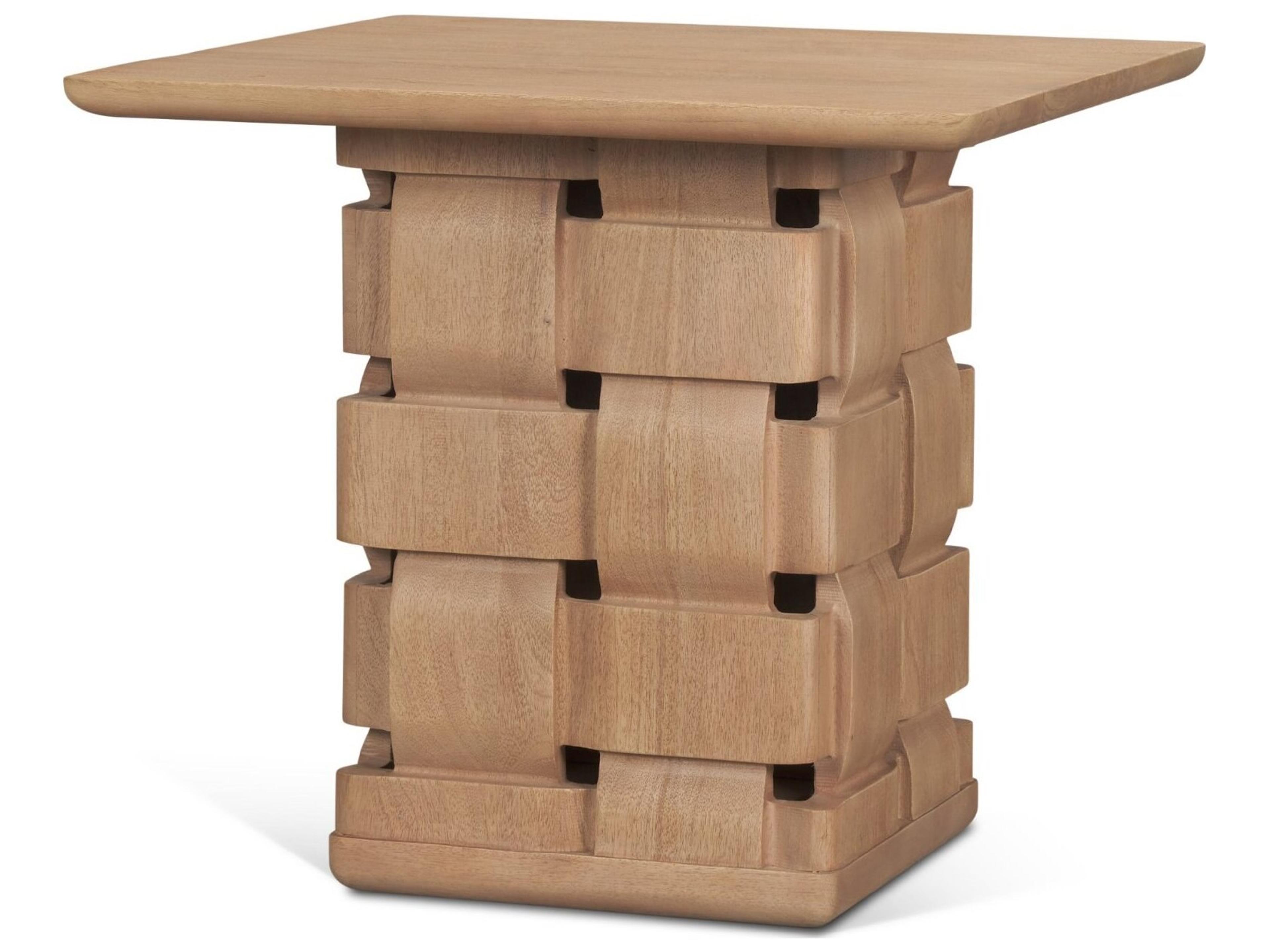 Trellyn Light Brown Wood w/ Carved Woven Base Square Accent Table
