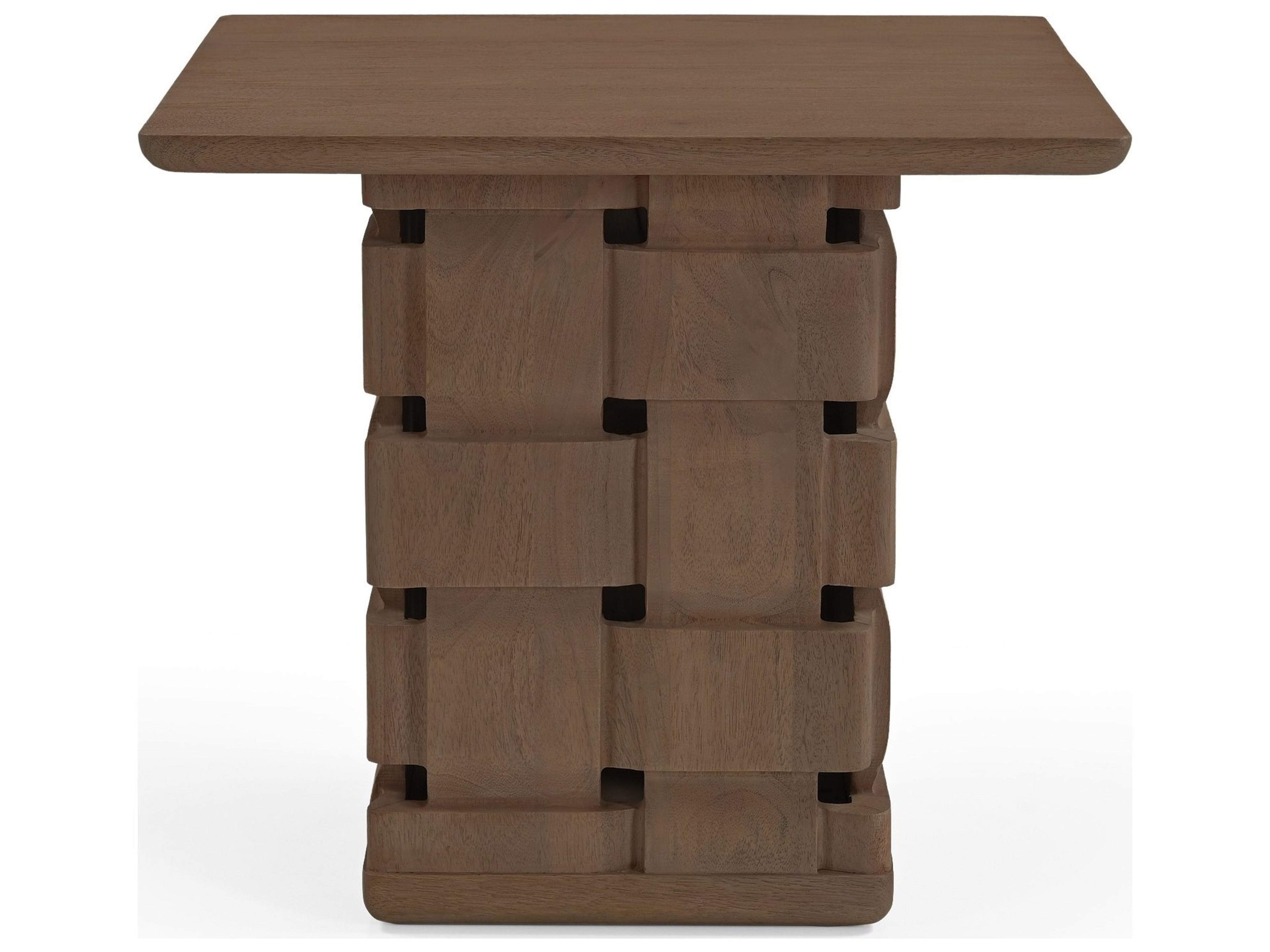 Trellyn Dark Brown Wood w/ Carved Woven Base Square Accent Table