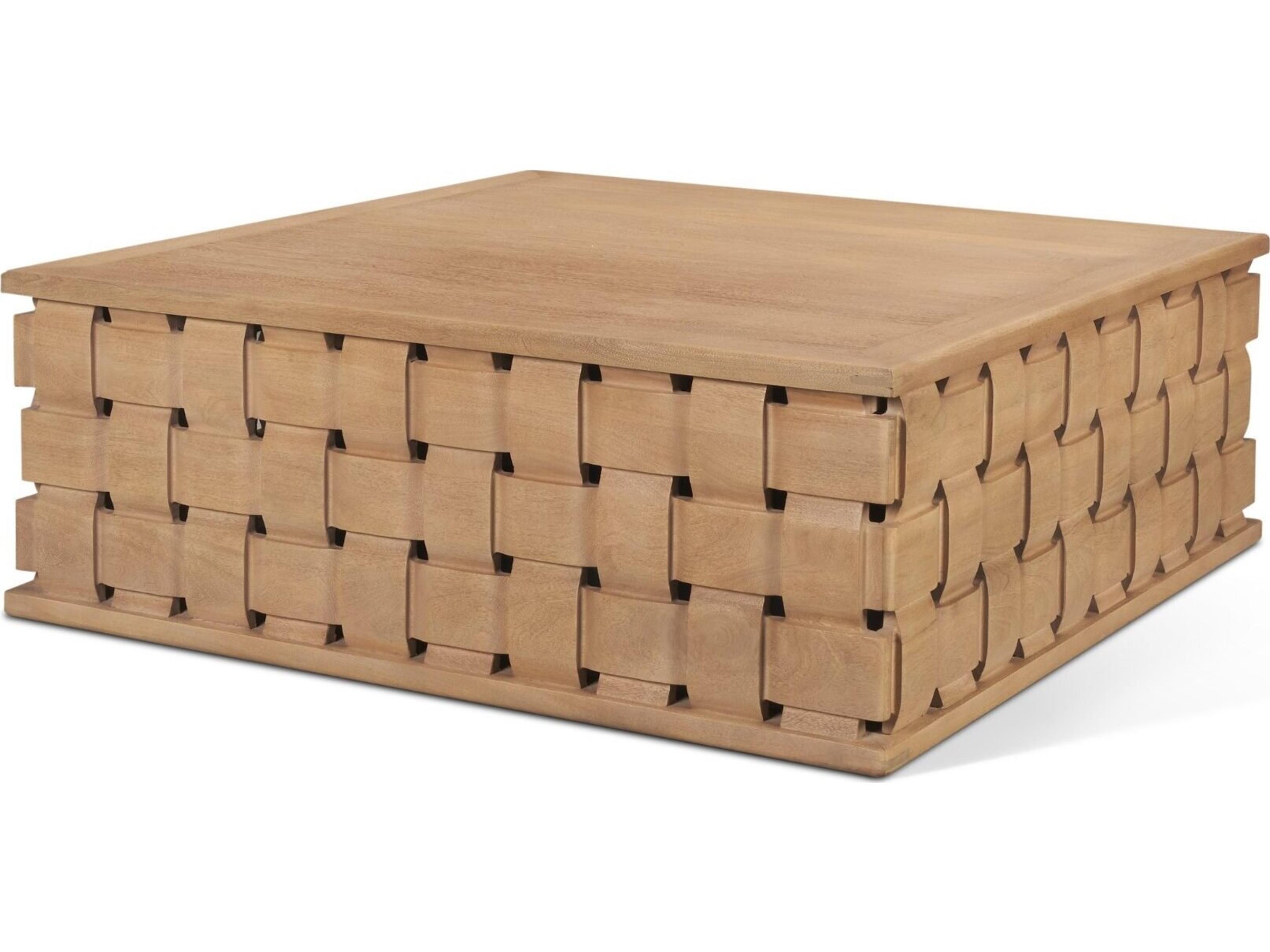 Trellyn 48" Light Brown Wood w/ Carved Woven Base Square Coffee Table