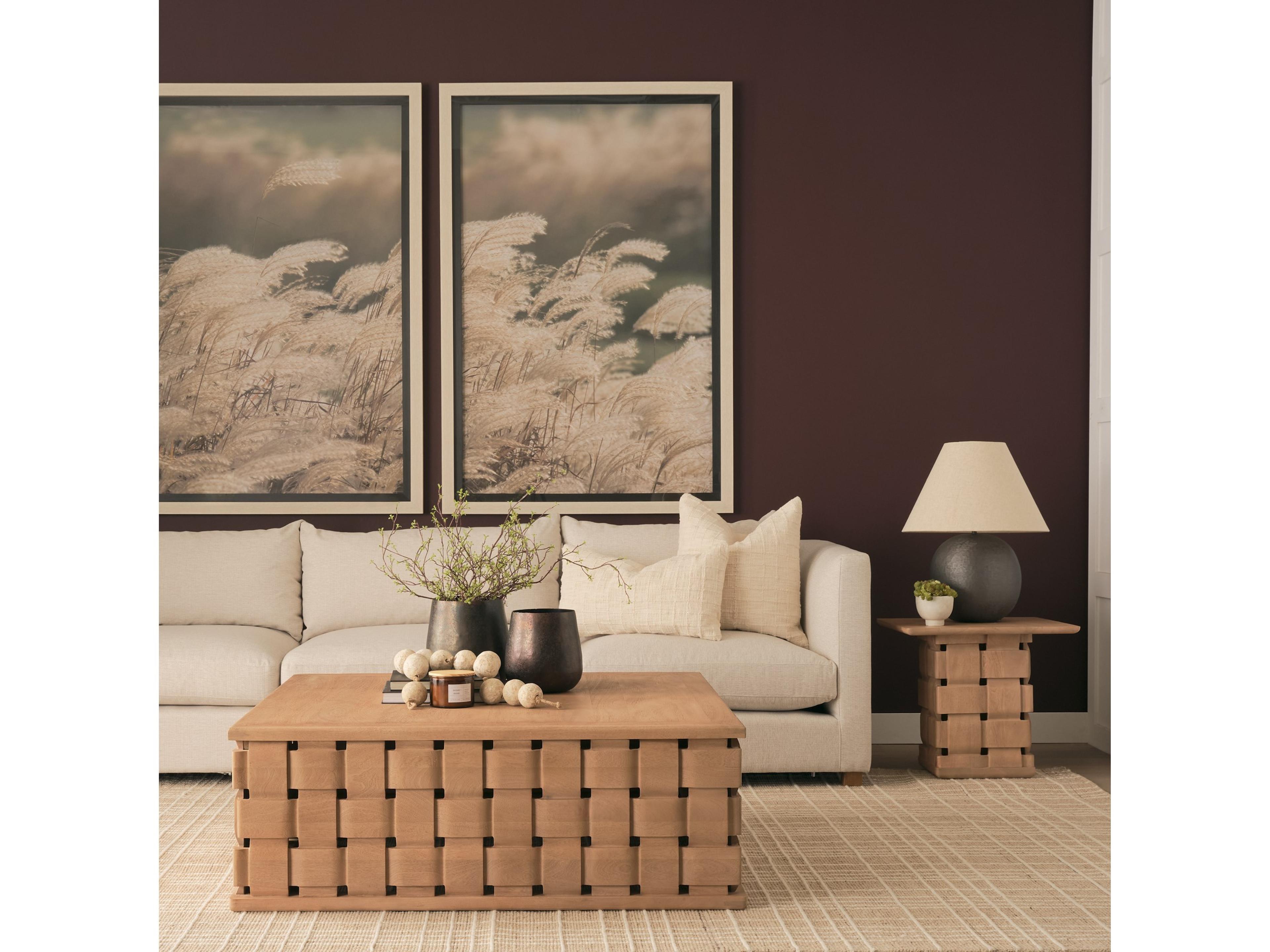 Mercana Trellyn 48" Light Brown Wood w/ Carved Woven Base Square Coffee Table