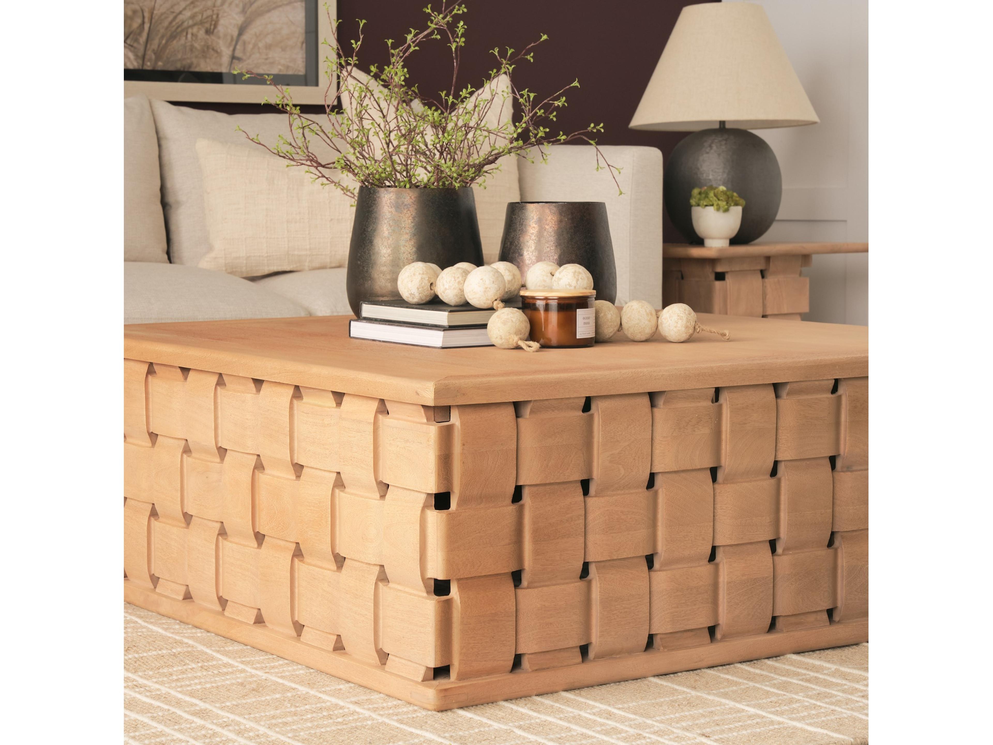 Mercana Trellyn 48" Light Brown Wood w/ Carved Woven Base Square Coffee Table