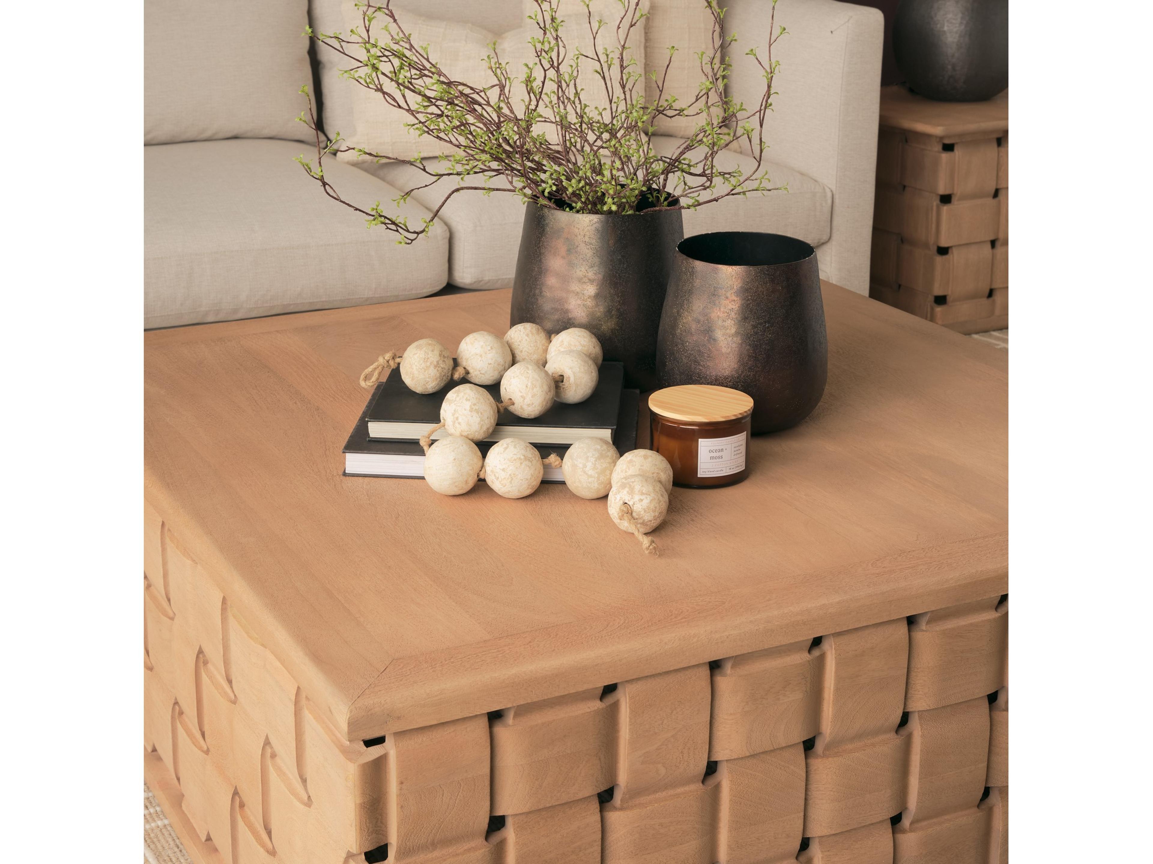 Mercana Trellyn 48" Light Brown Wood w/ Carved Woven Base Square Coffee Table