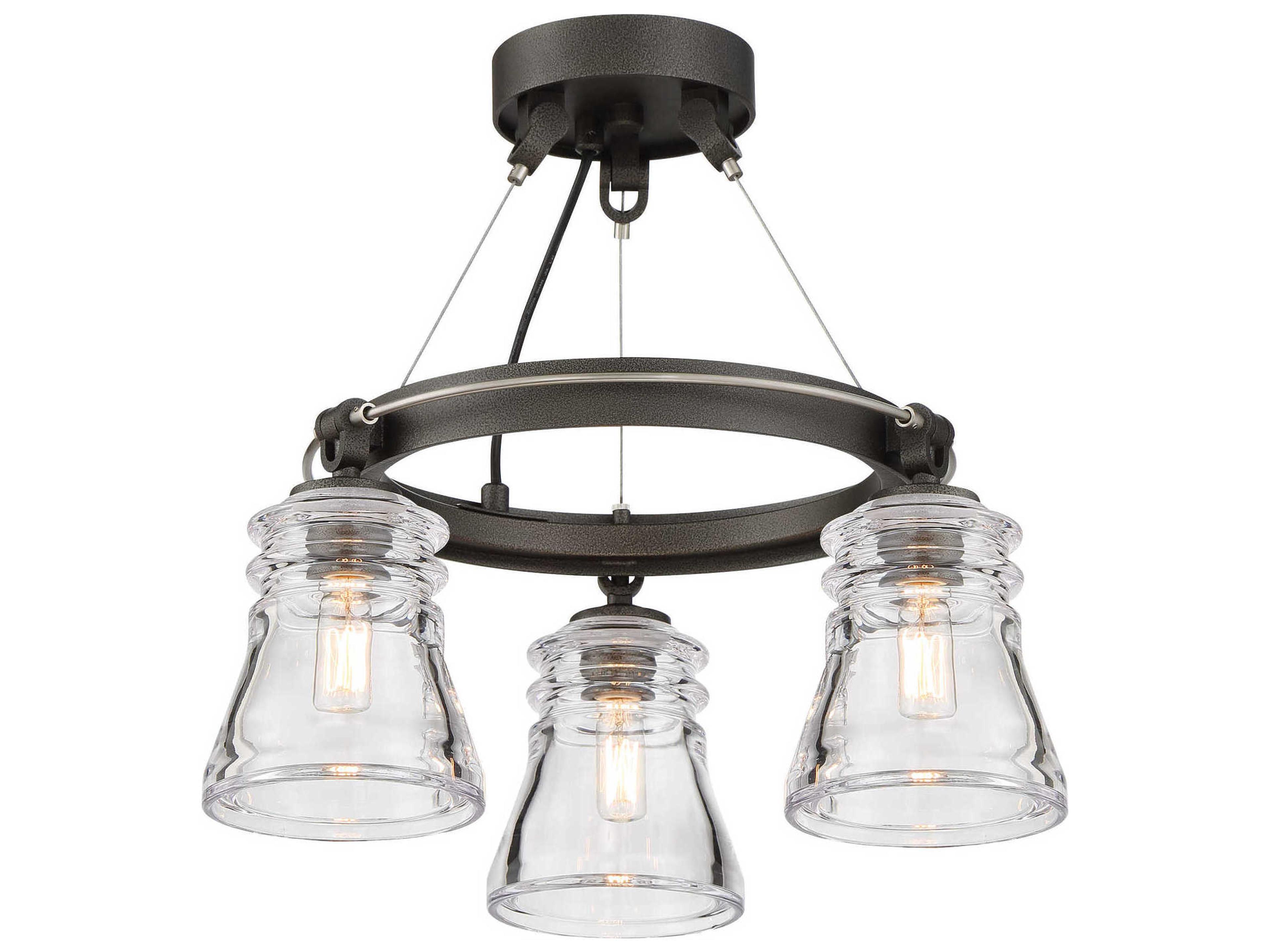 Graham Avenue 3-Light Smoked Iron Brushed Nickel Gray Glass Semi Flush Mount