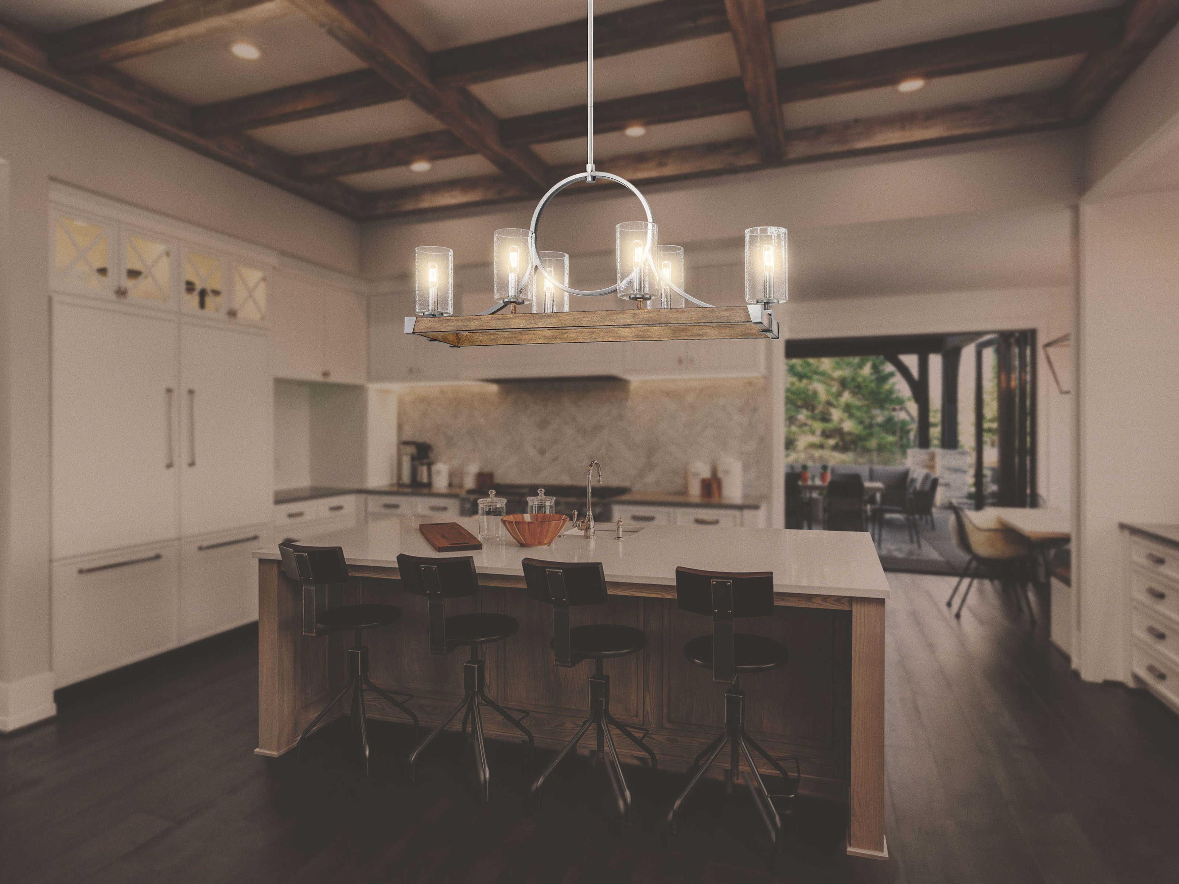 Minka Lavery Country Estates 6-Light Sun Faded Wood Brushed Nickel Brown Glass Cylinder Island Pendant