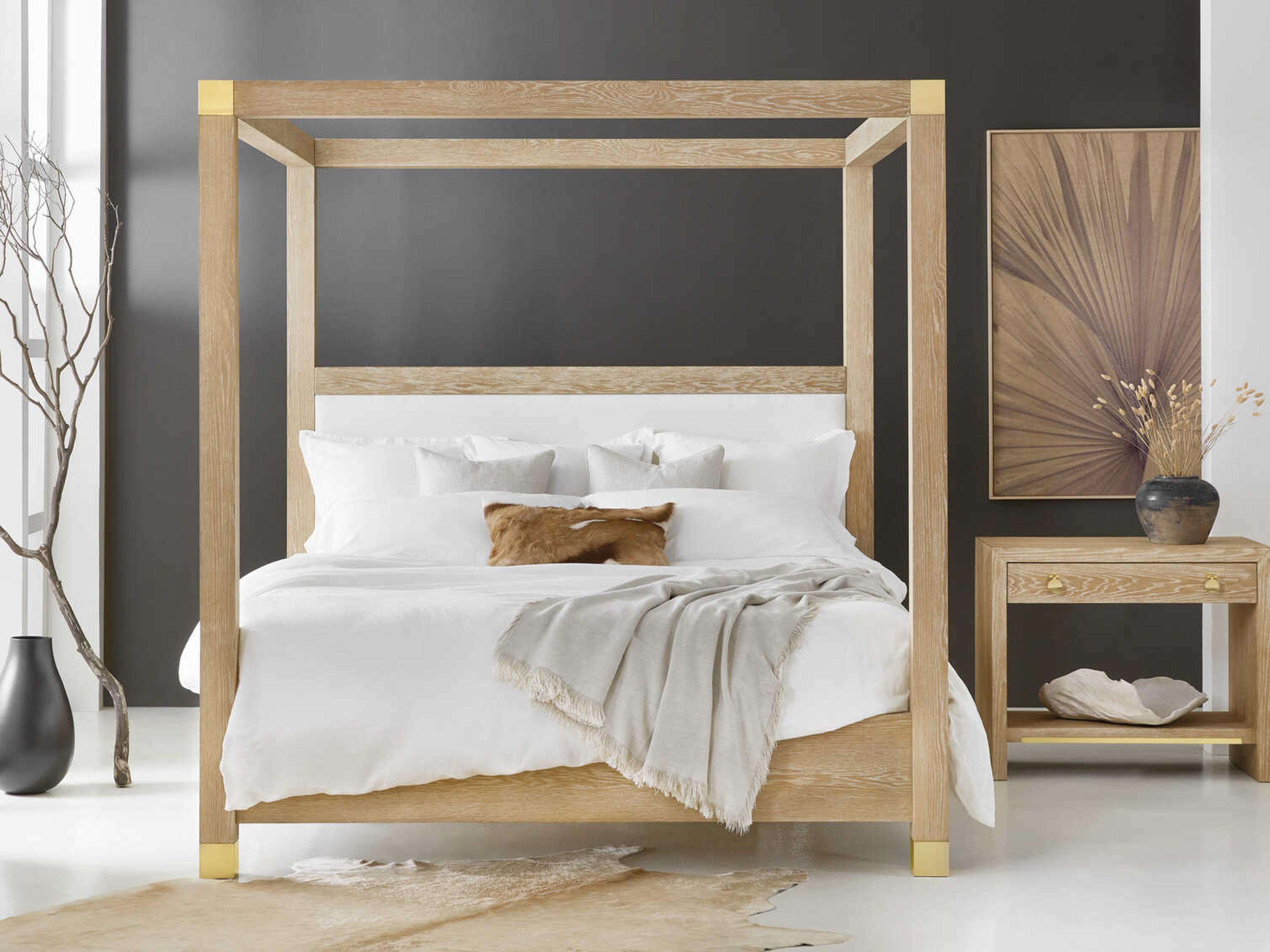 Ventura Beige Oak Wood King Canopy Bed