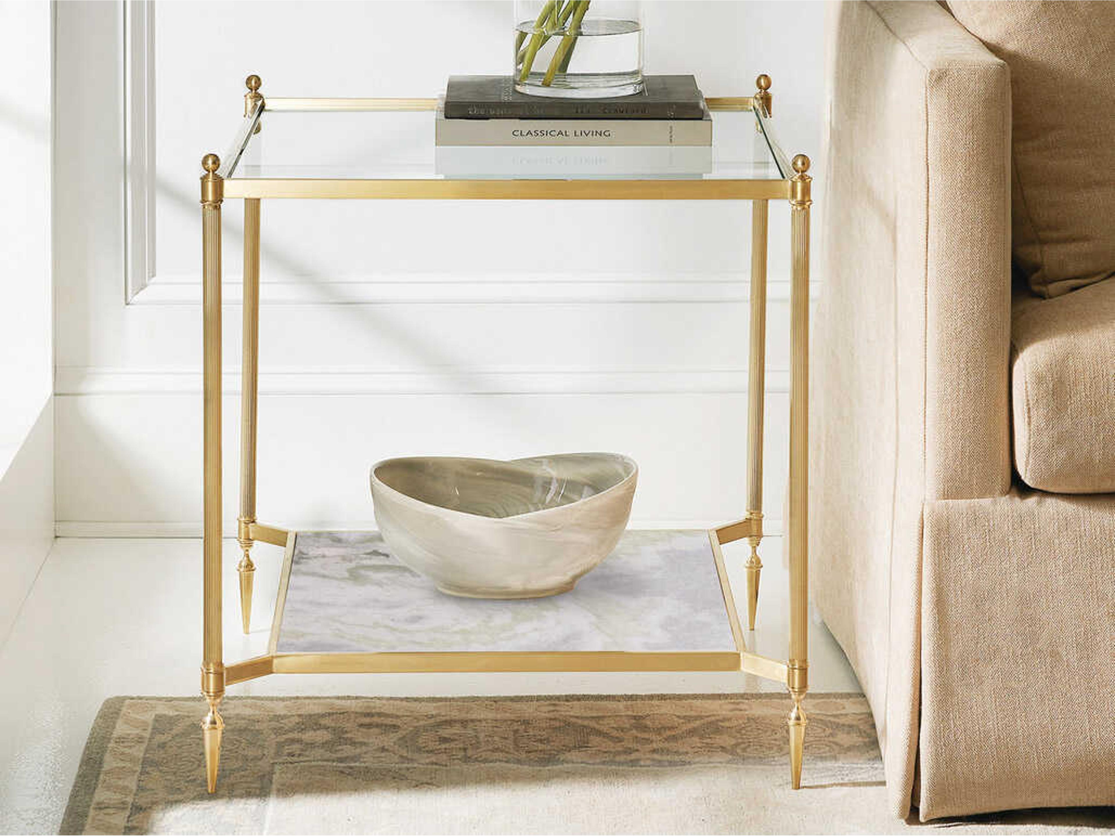 Rectangular Glass Satin Brass Lacquered Plated End Table