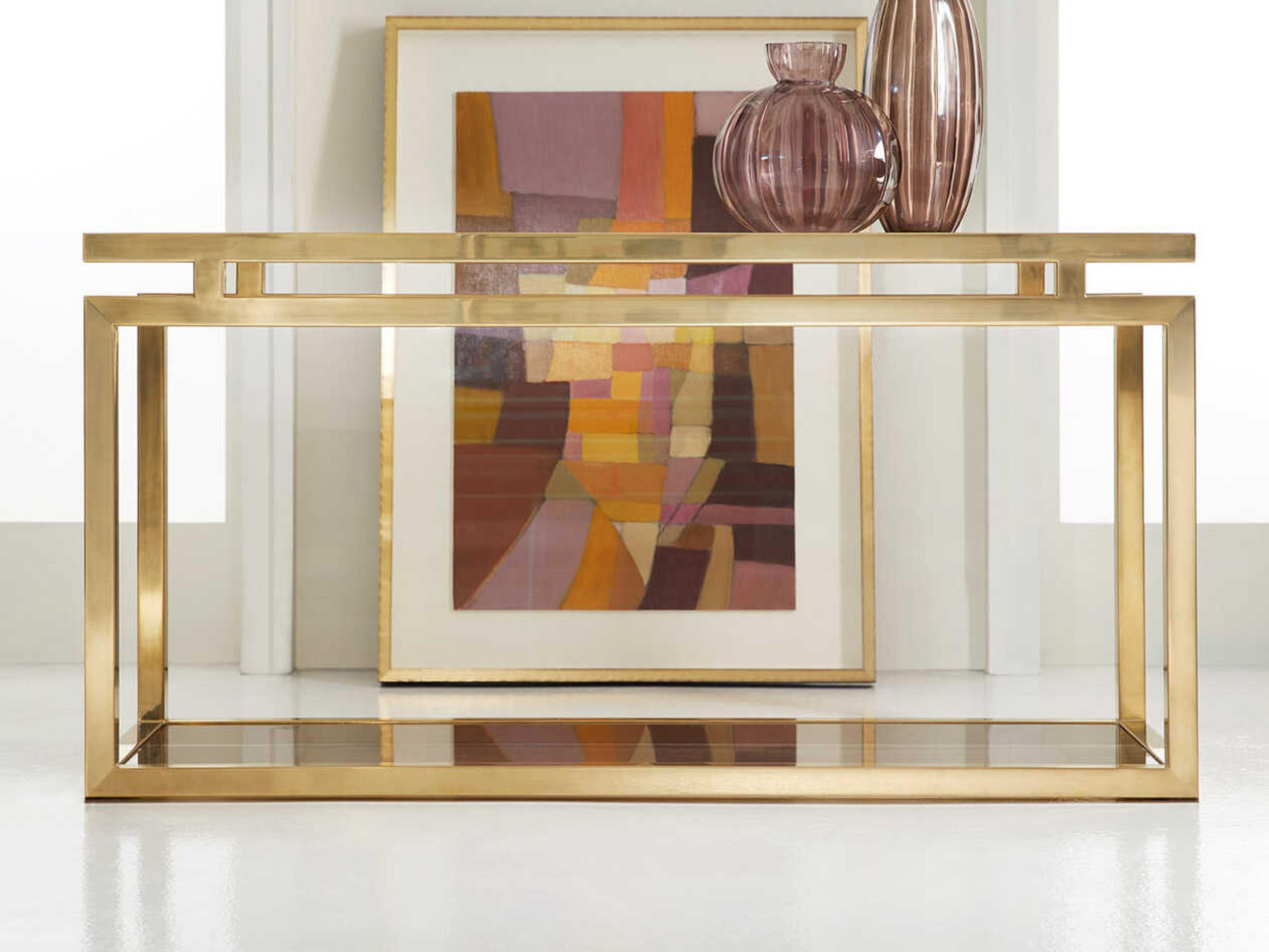 Rectangular Glass Satin Brass Lacquered Plated Console Table