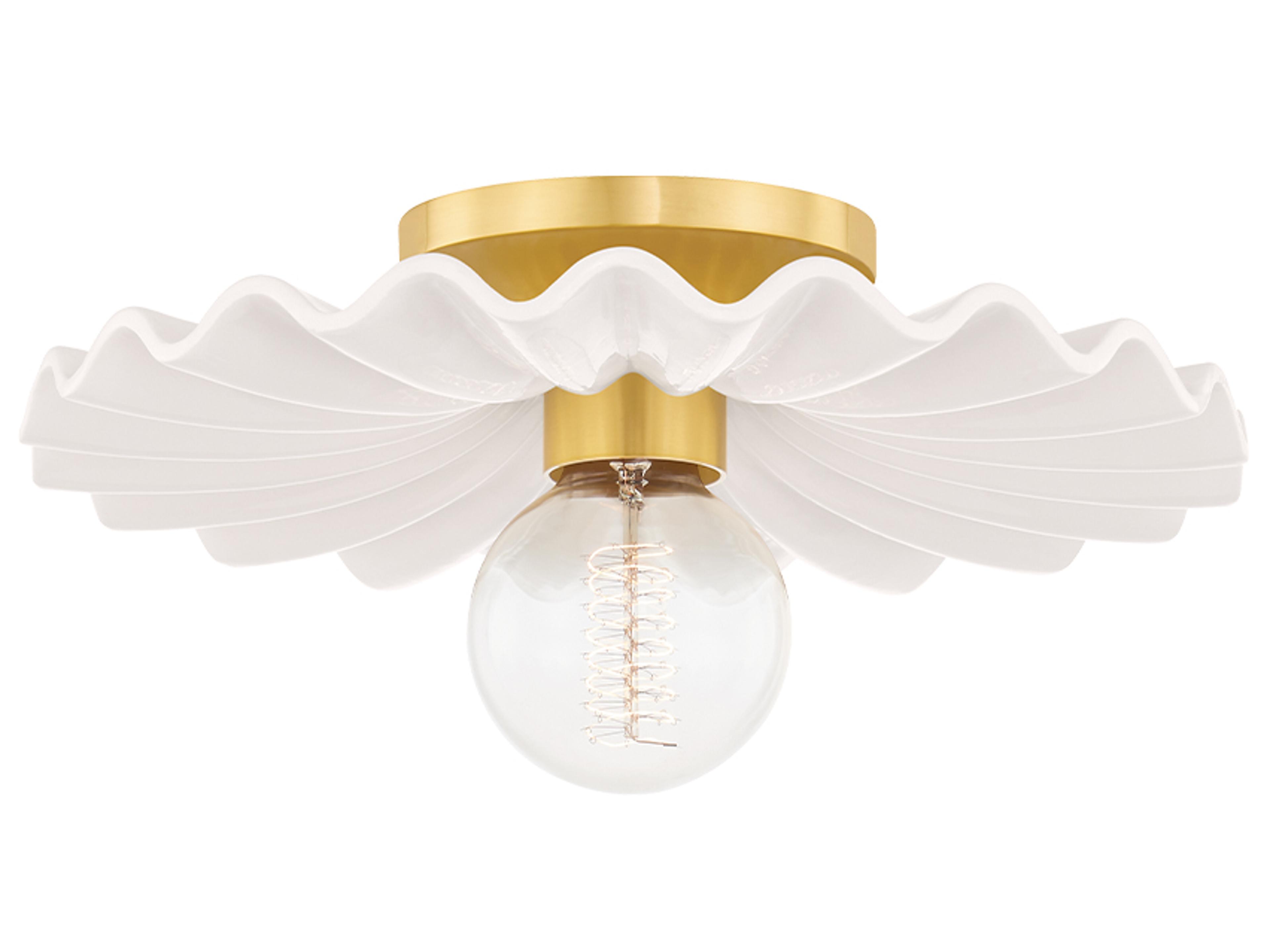 Mitzi Tinsley 1-Light Aged Brass Ceramic Gloss Cream White Round Flush Mount