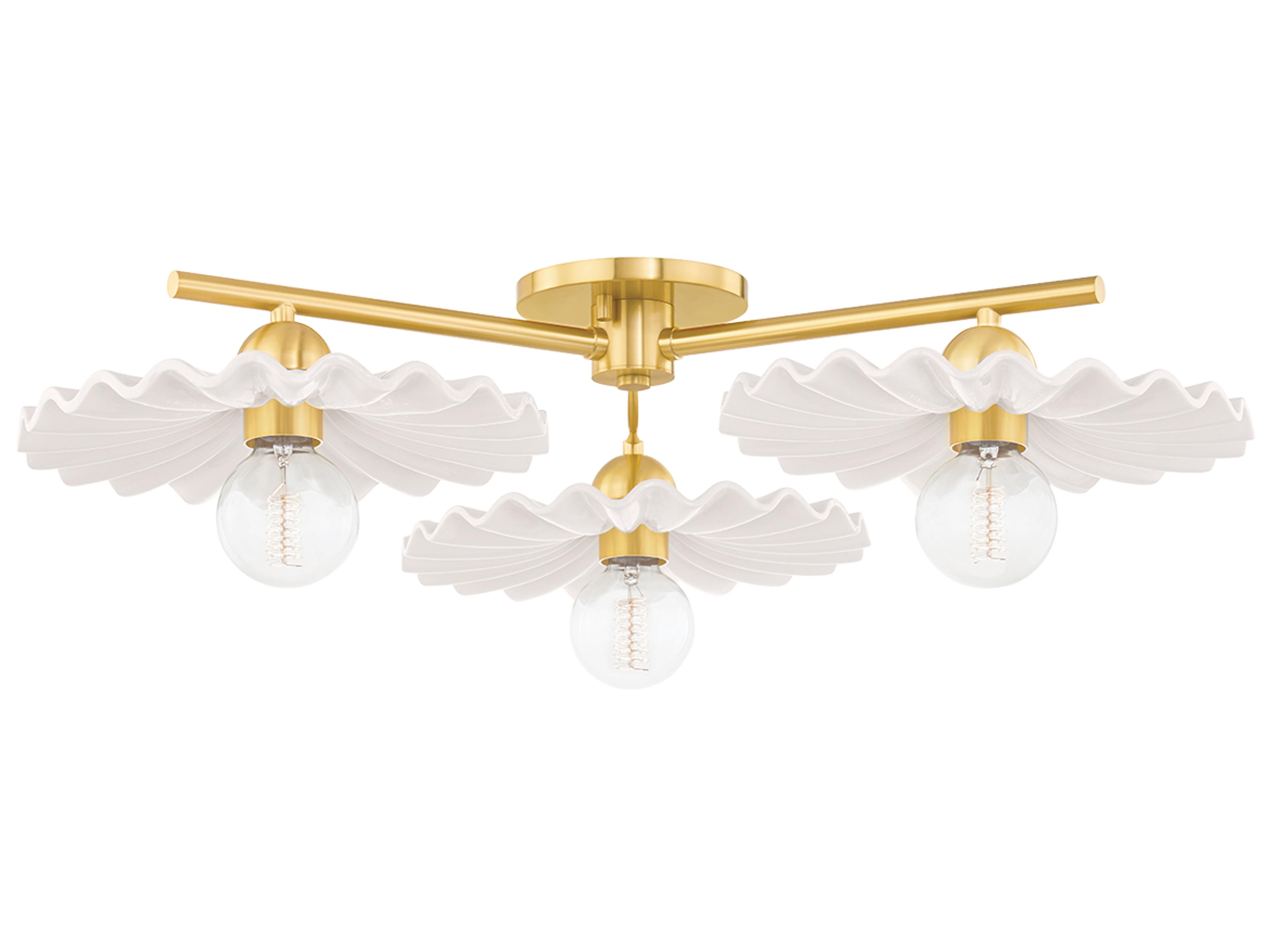 Tinsley 3-Light Aged Brass Ceramic Gloss Cream White Round Semi Flush Mount