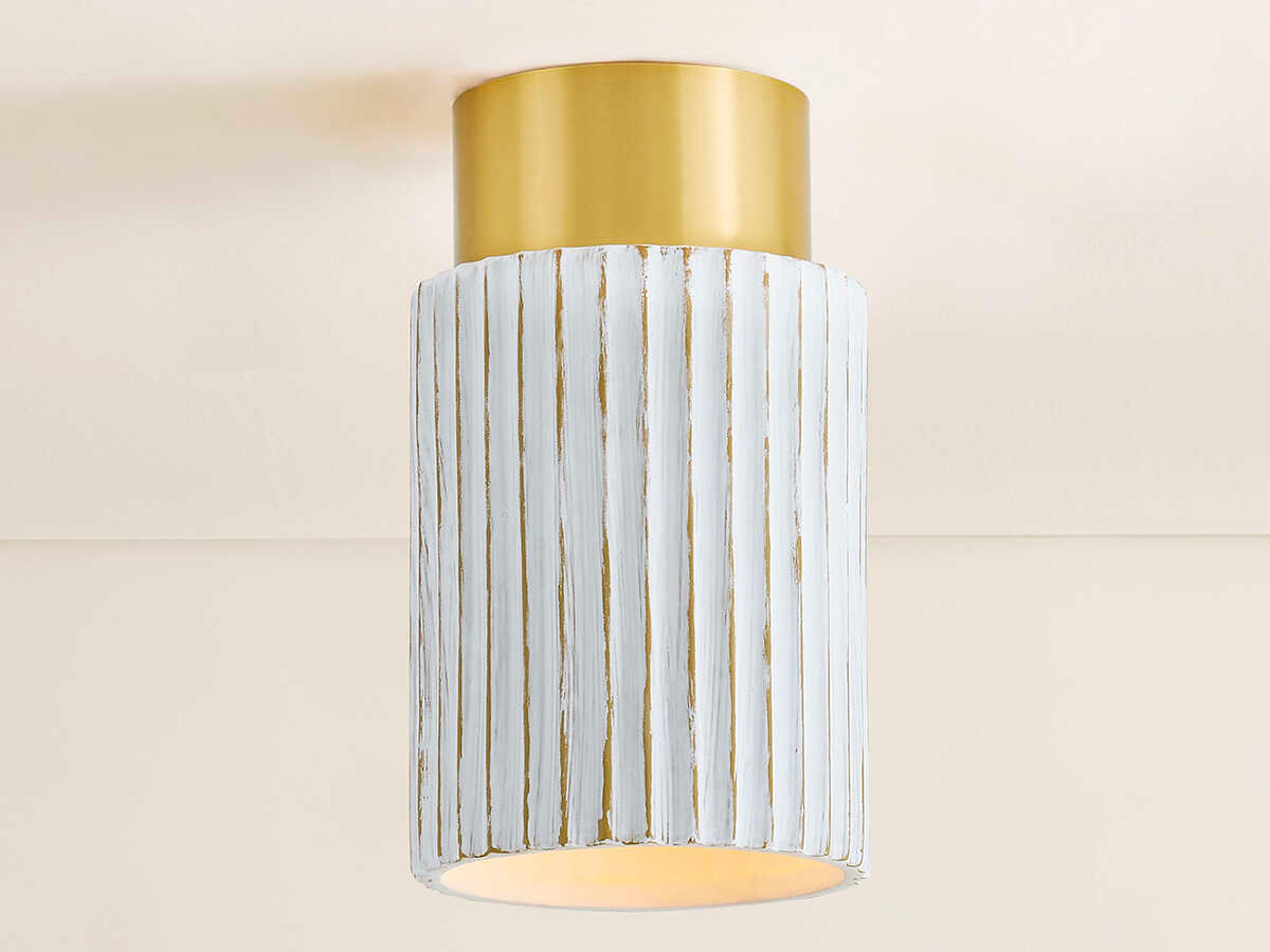 Mitzi Corissa 1-Light Aged Brass Ceramic Whitewash Bisque Cylinder Flush Mount
