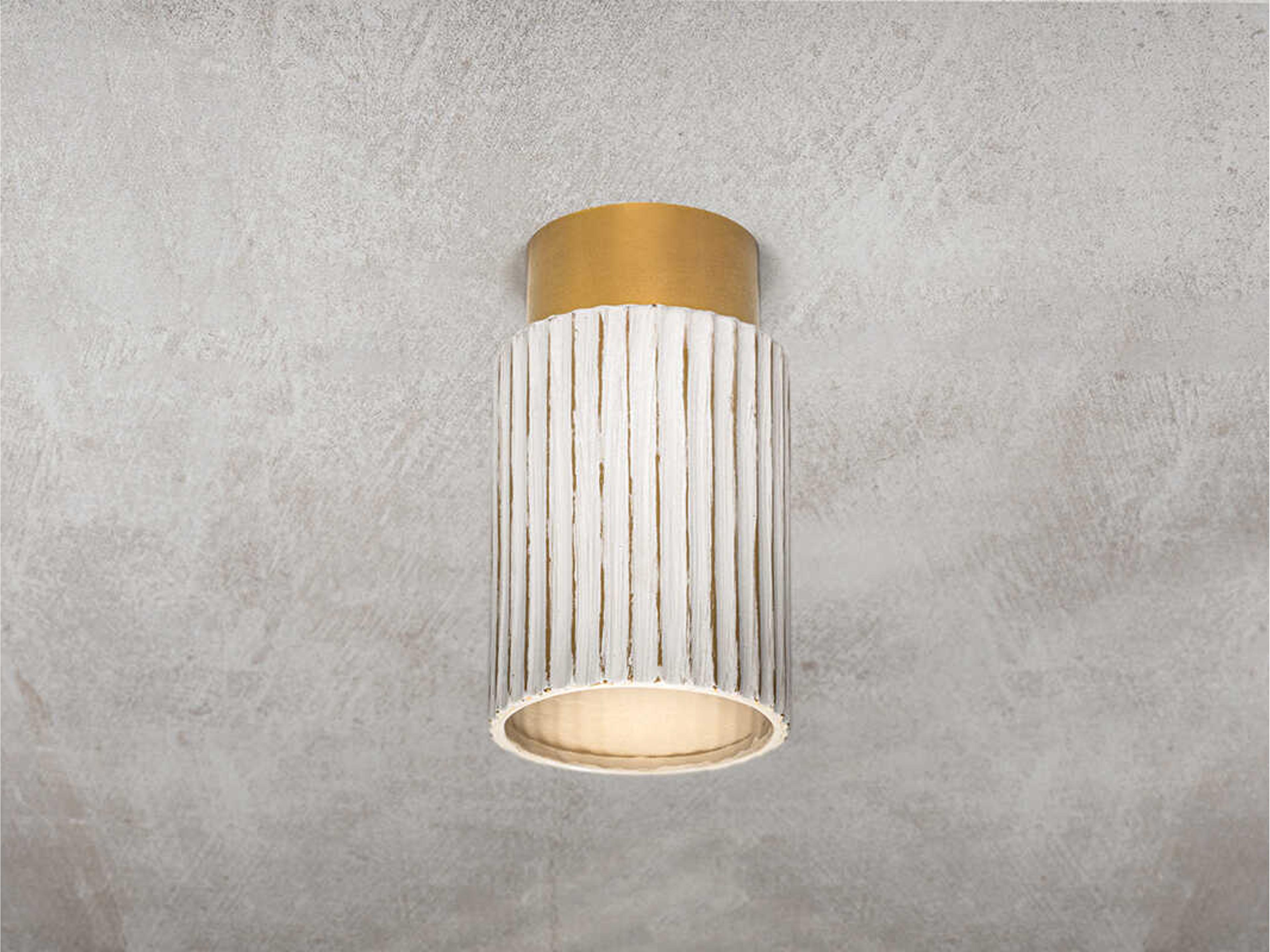 Mitzi Corissa 1-Light Aged Brass Ceramic Whitewash Bisque Cylinder Flush Mount