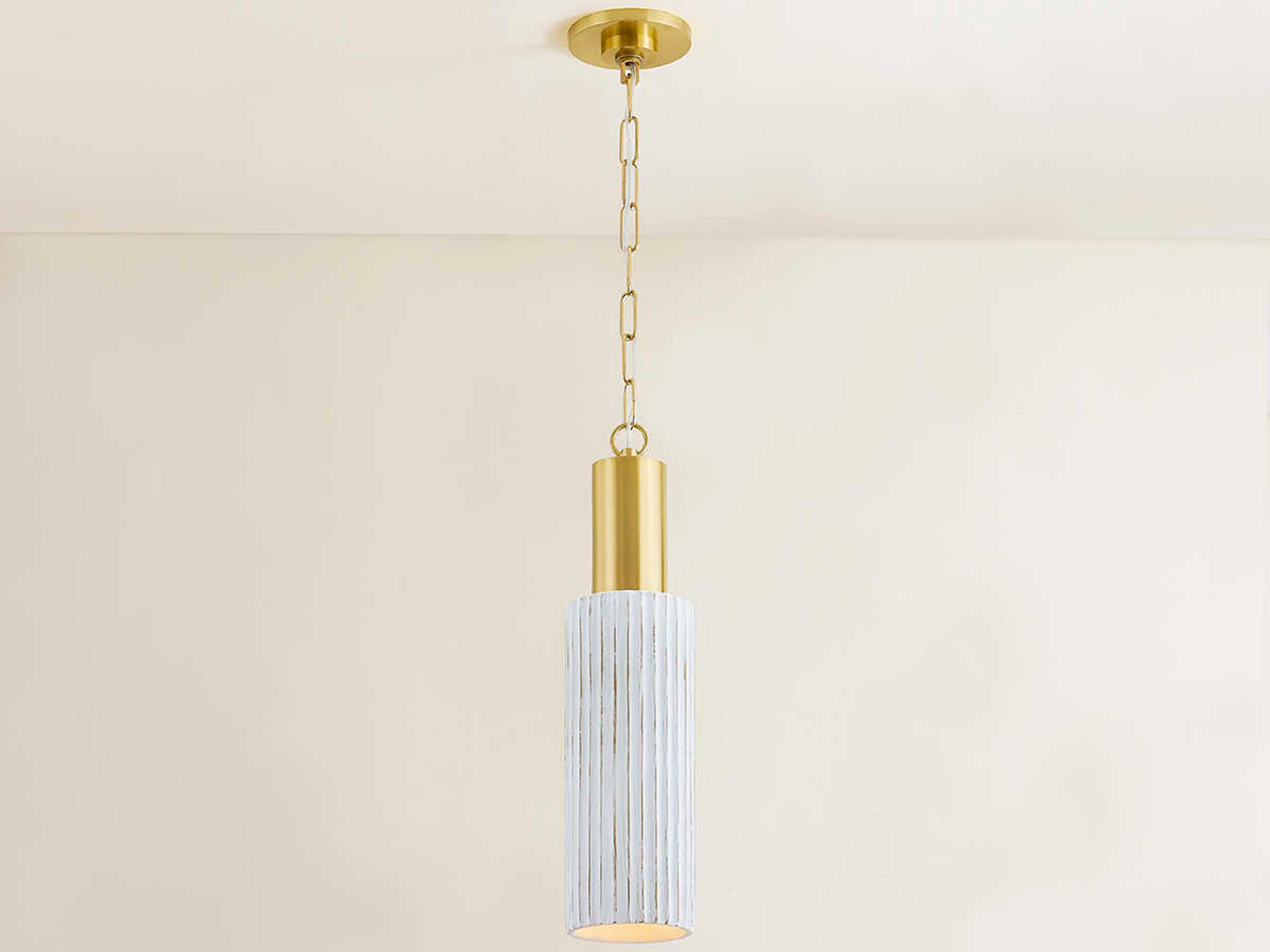 Mitzi Corissa 1-Light Aged Brass Ceramic Whitewash Bisque Cylinder Mini Pendant