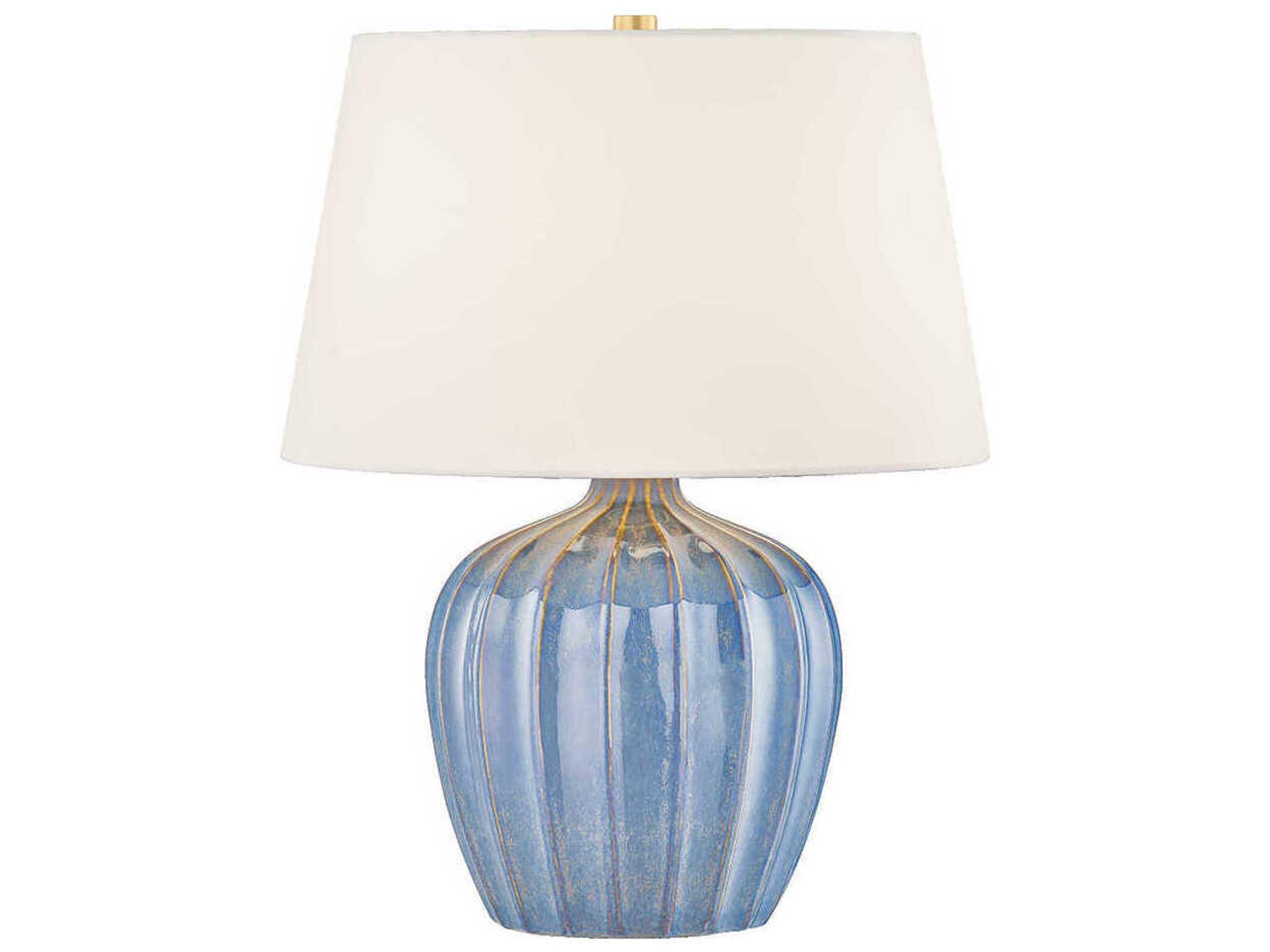Myla Aged Brass Ceramic Spring Lake White Linen Fabric Blue Table Lamp