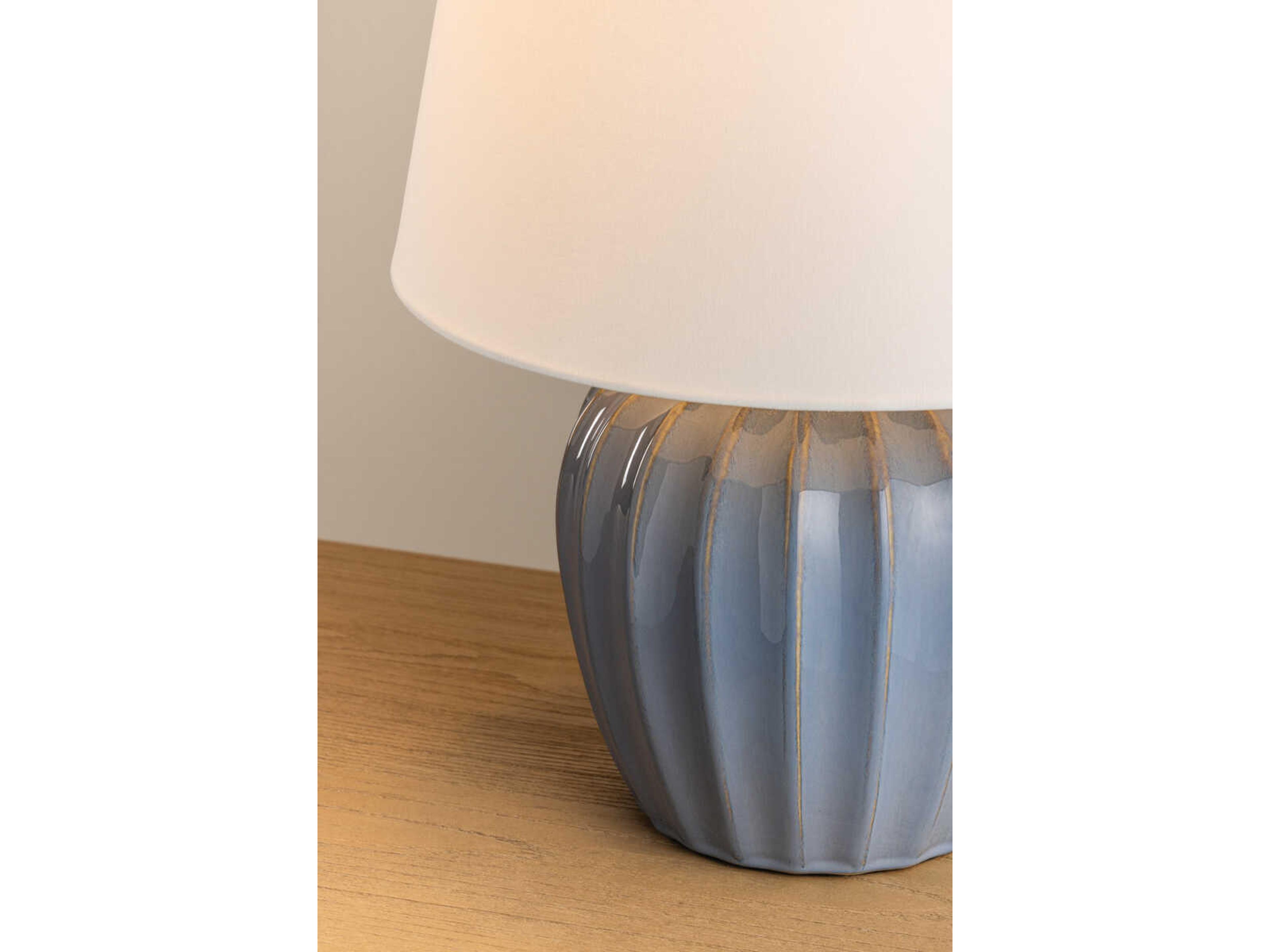 Mitzi Myla Aged Brass Ceramic Spring Lake White Linen Fabric Blue Table Lamp