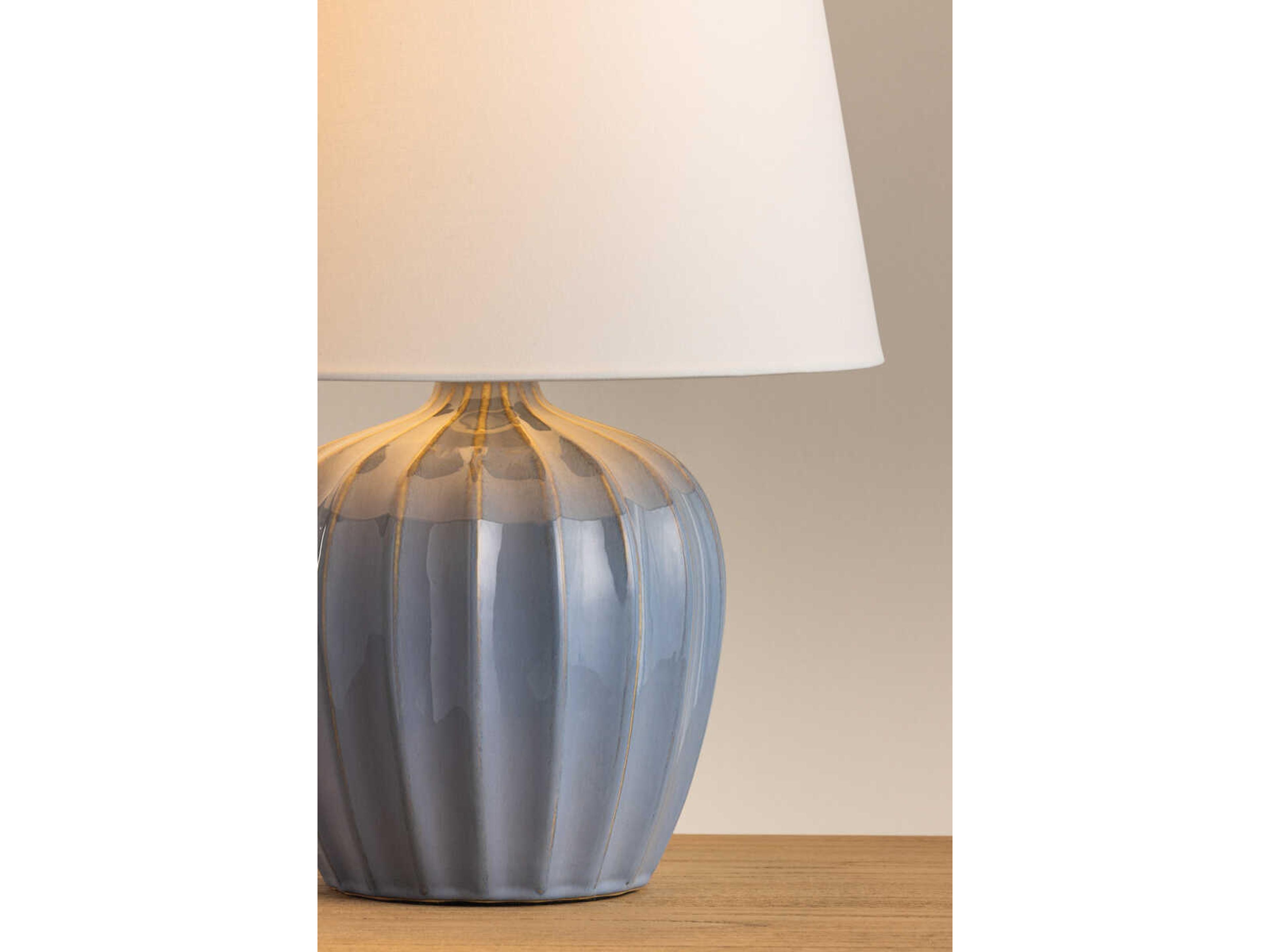 Mitzi Myla Aged Brass Ceramic Spring Lake White Linen Fabric Blue Table Lamp