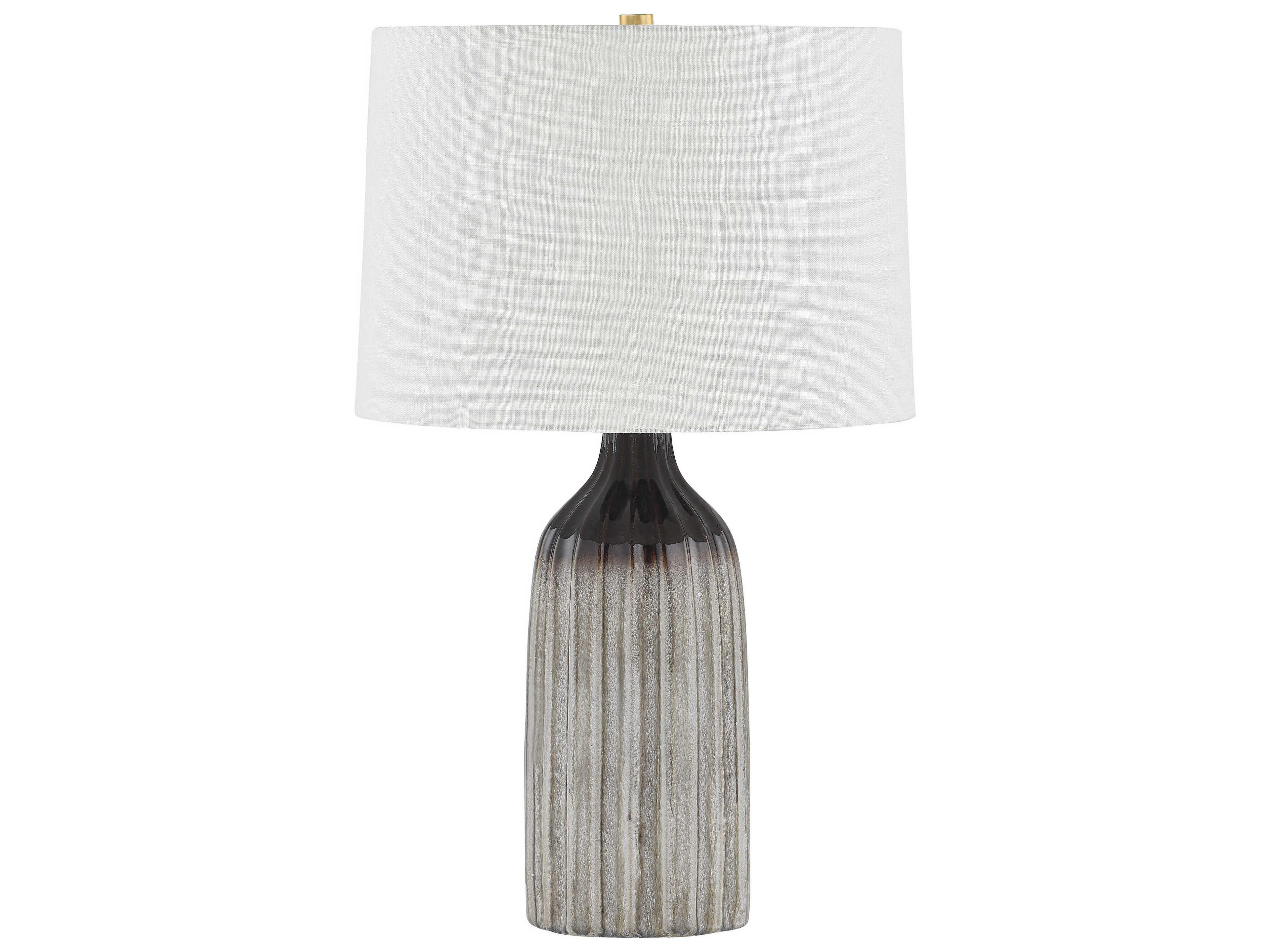 Mitzi Raisa Aged Brass Ceramic Affogato Textured Linen Fabric Gray Buffet Lamp