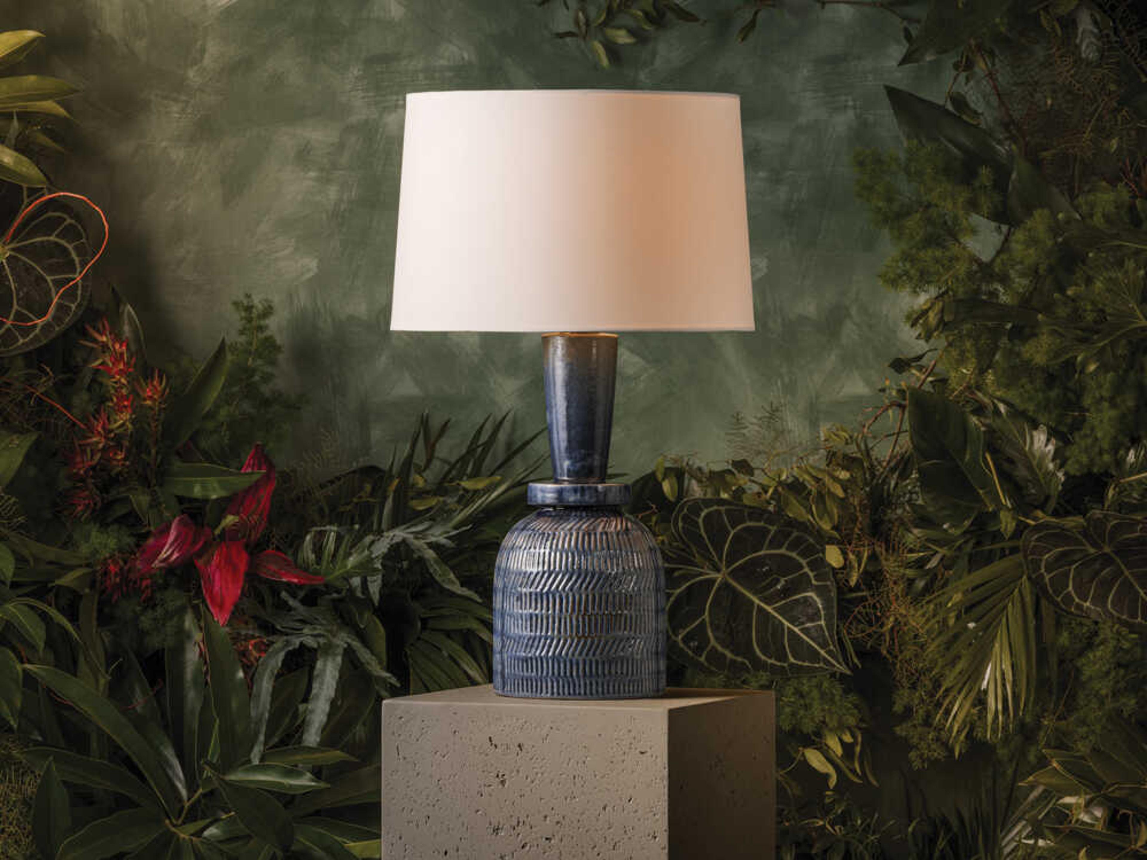 Mitzi Mandy Cheng Russo Aged Brass Ceramic Washed Cobalt White Linen Fabric Blue Buffet Lamp