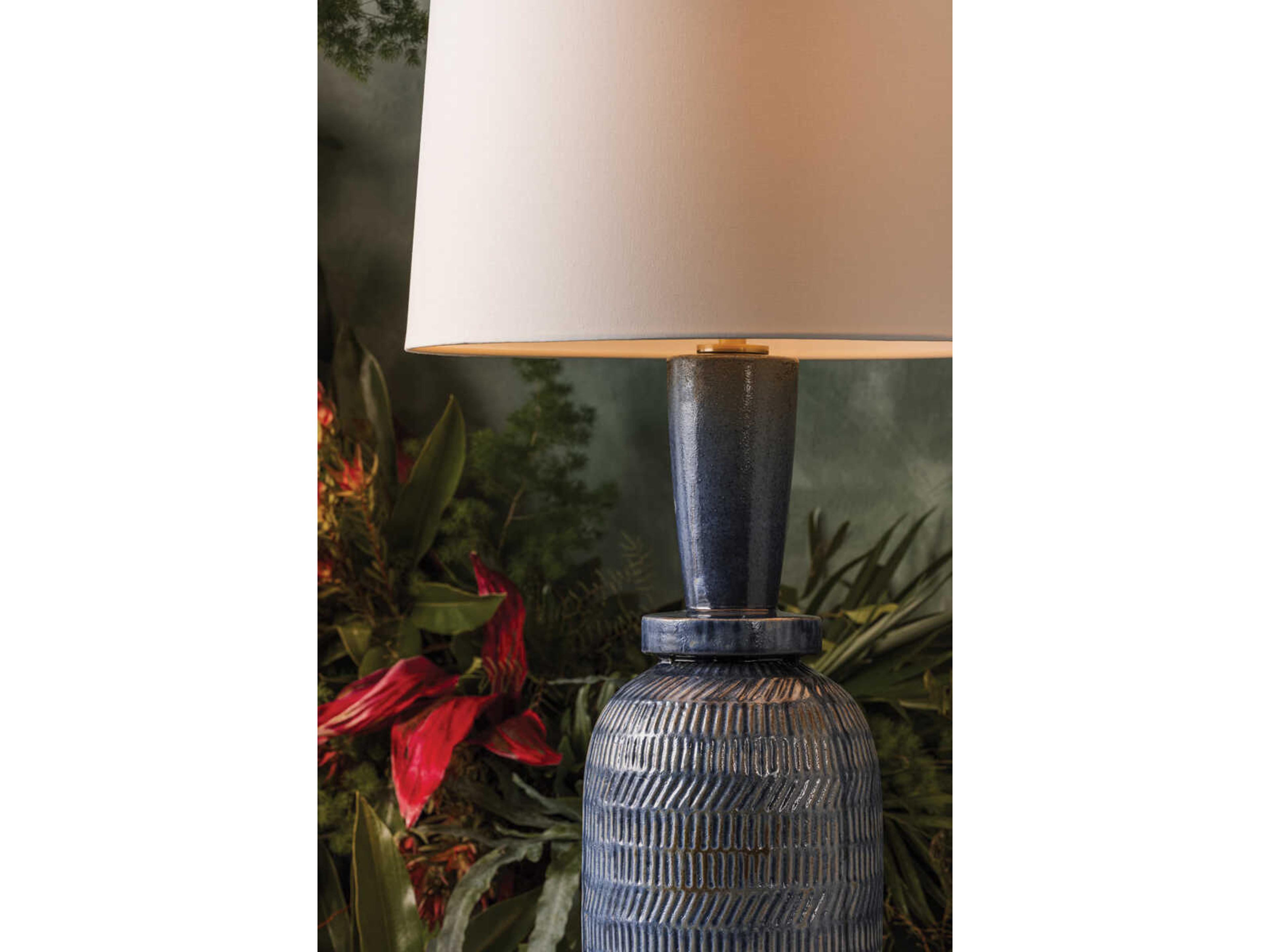 Mitzi Mandy Cheng Russo Aged Brass Ceramic Washed Cobalt White Linen Fabric Blue Buffet Lamp