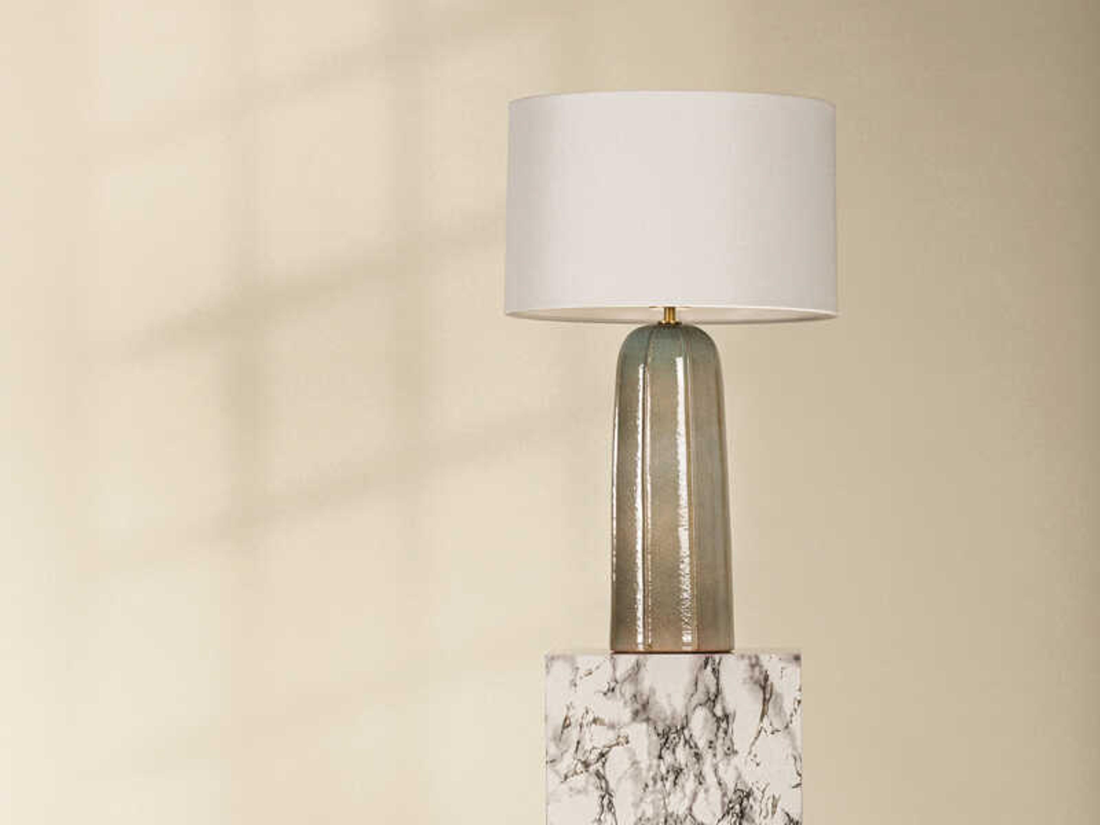 Mitzi Kel Aged Brass Ceramic Reactive Ash White Linen Gray Buffet Lamp