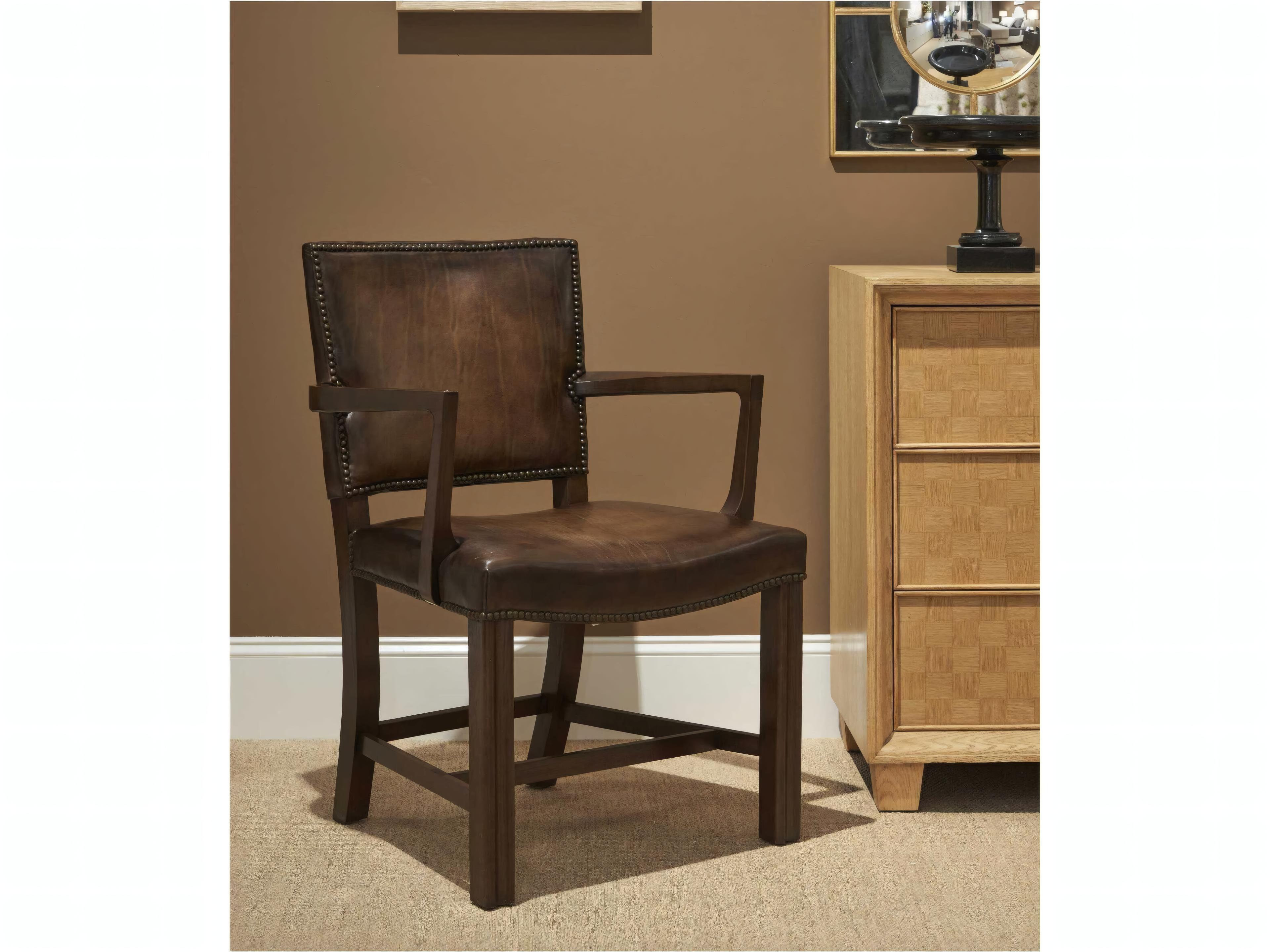 Mr. & Mrs. Howard Armand Walnut Wood Brown Upholstered Arm Dining Chair