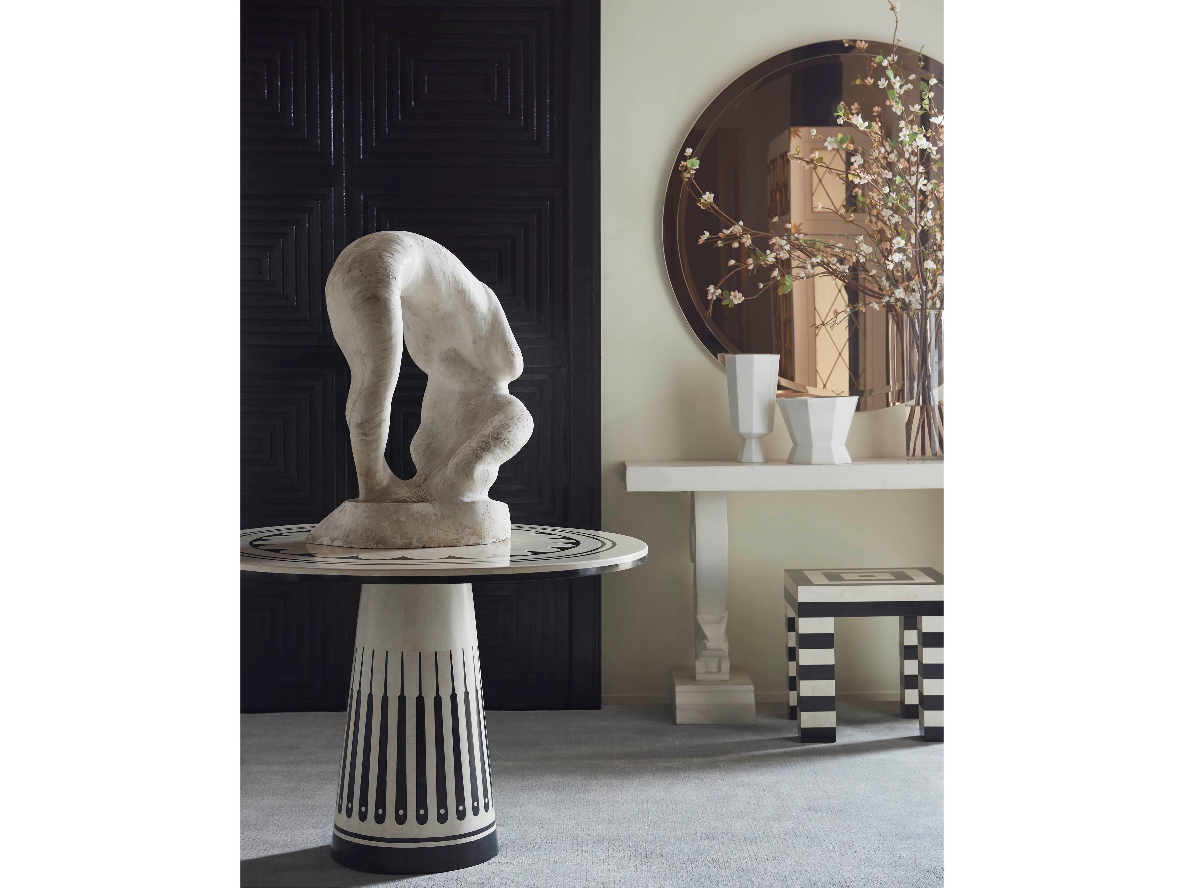 Maitland Smith Stoneham Round Honed White Agate And Black Waxstone Center Table