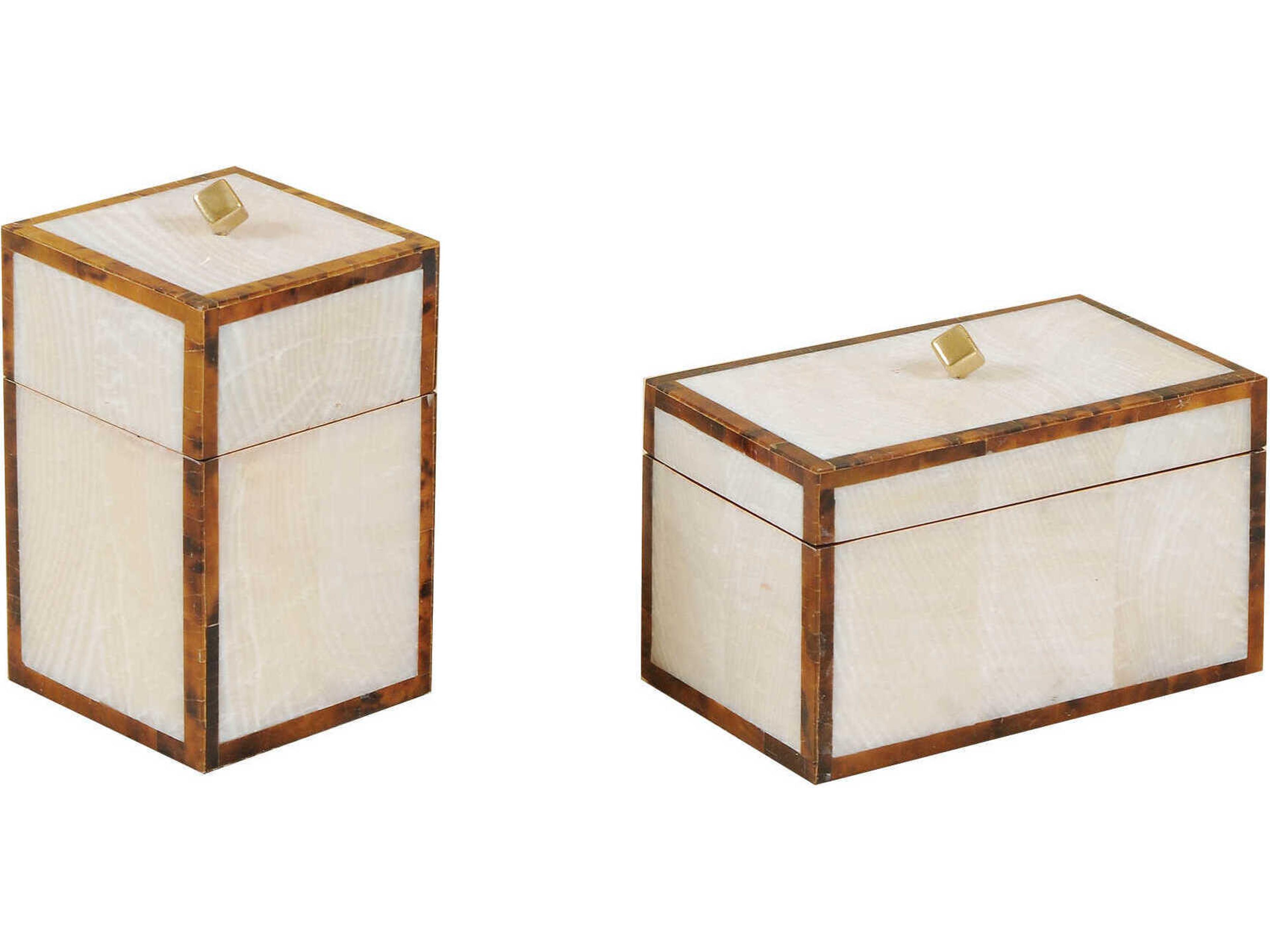 Maitland Smith Fossil Clam Stone / Tiger Penshell / Satin Brass Blakely Boxes Set of 2