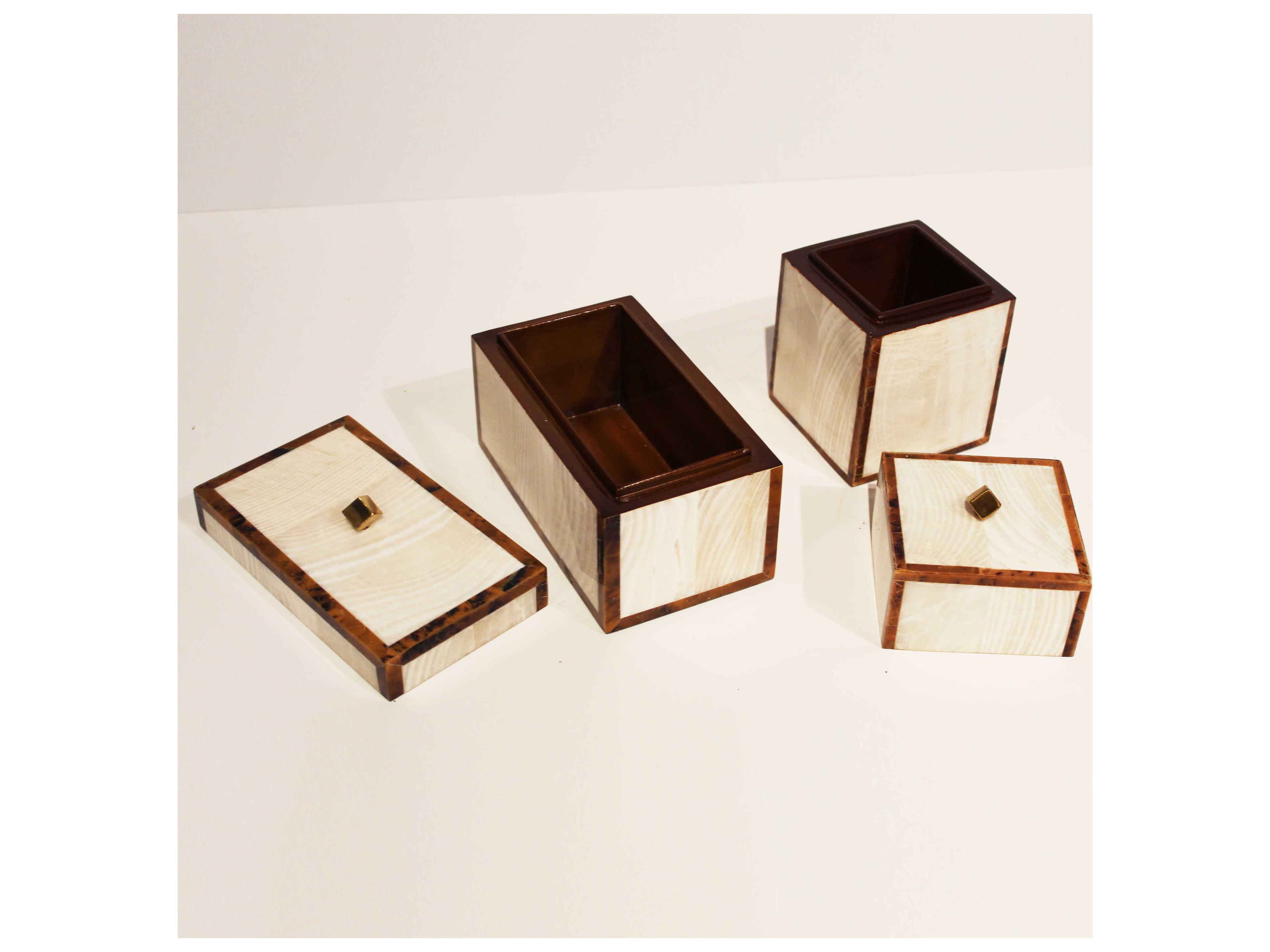 Maitland Smith Fossil Clam Stone / Tiger Penshell / Satin Brass Blakely Boxes Set of 2