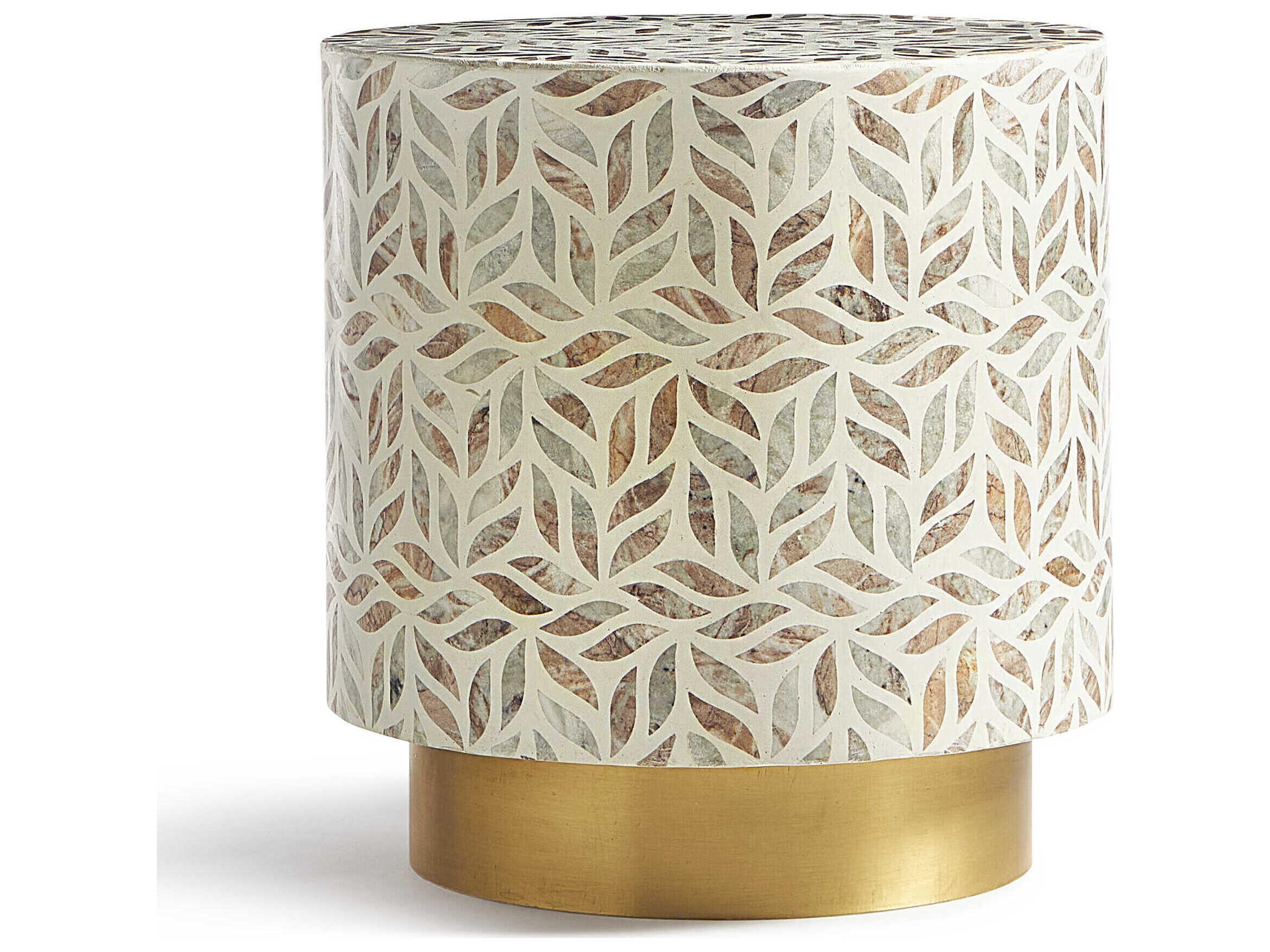 Round Stone Polished Satin Brass Stone Inlay End Table