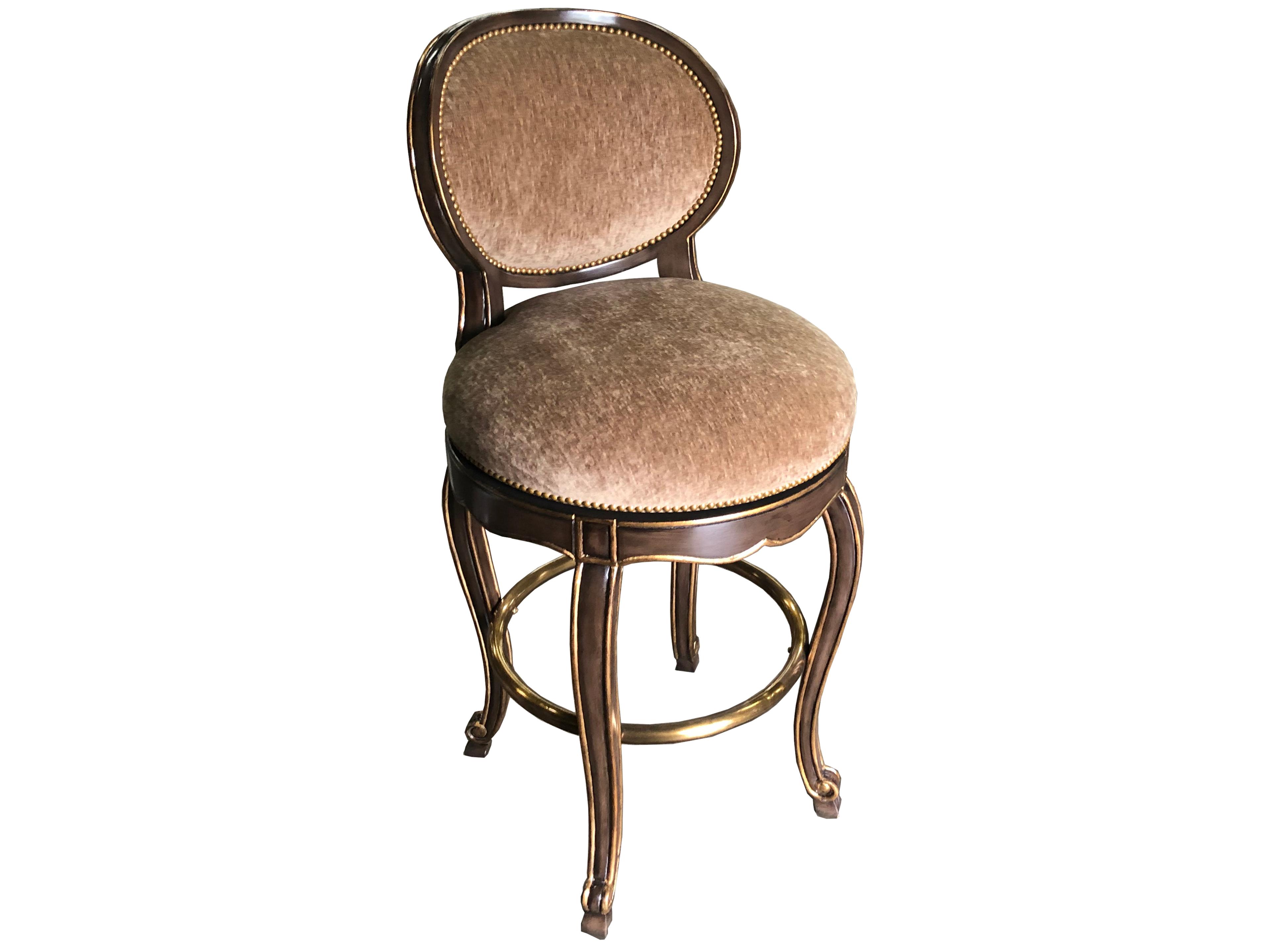 Maitland Smith Swivel Upholstered Mahogany Wood Aria Aged Gold Bar Stool