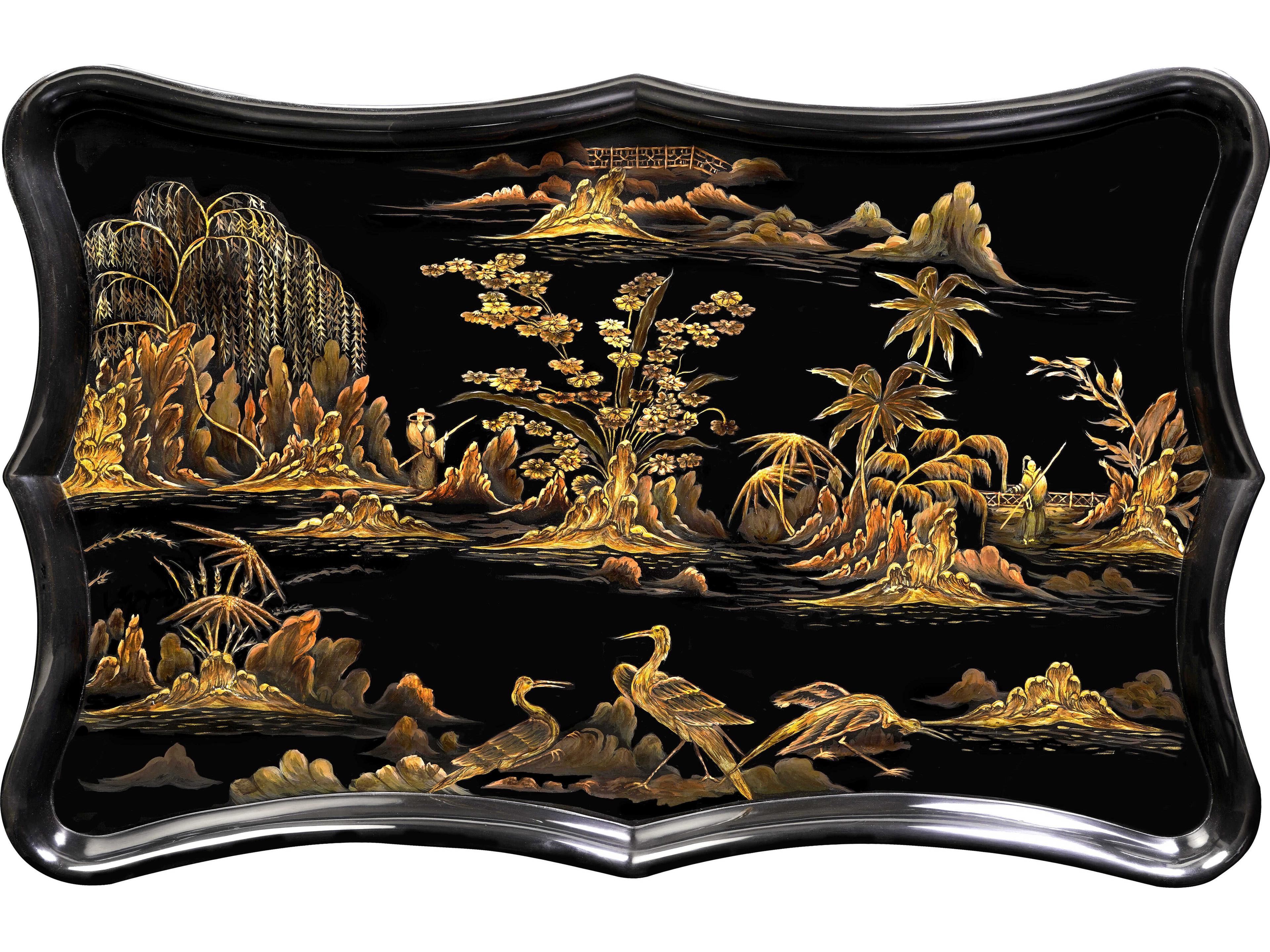 Maitland Smith Chinoiserie Rectangular Wood Black Cocktail Table