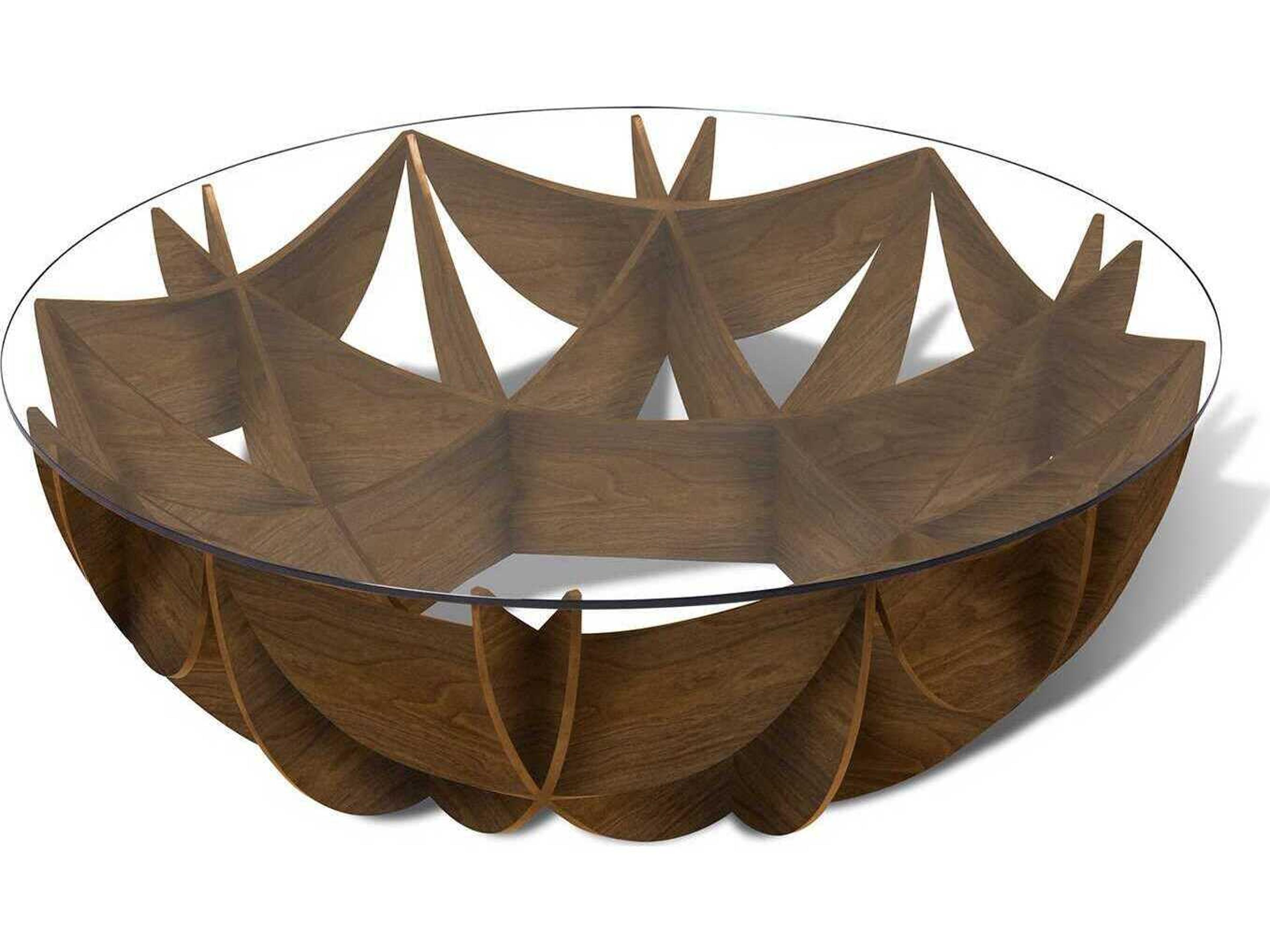 Honeycomb Round Glass American Walnut Cocktail Table