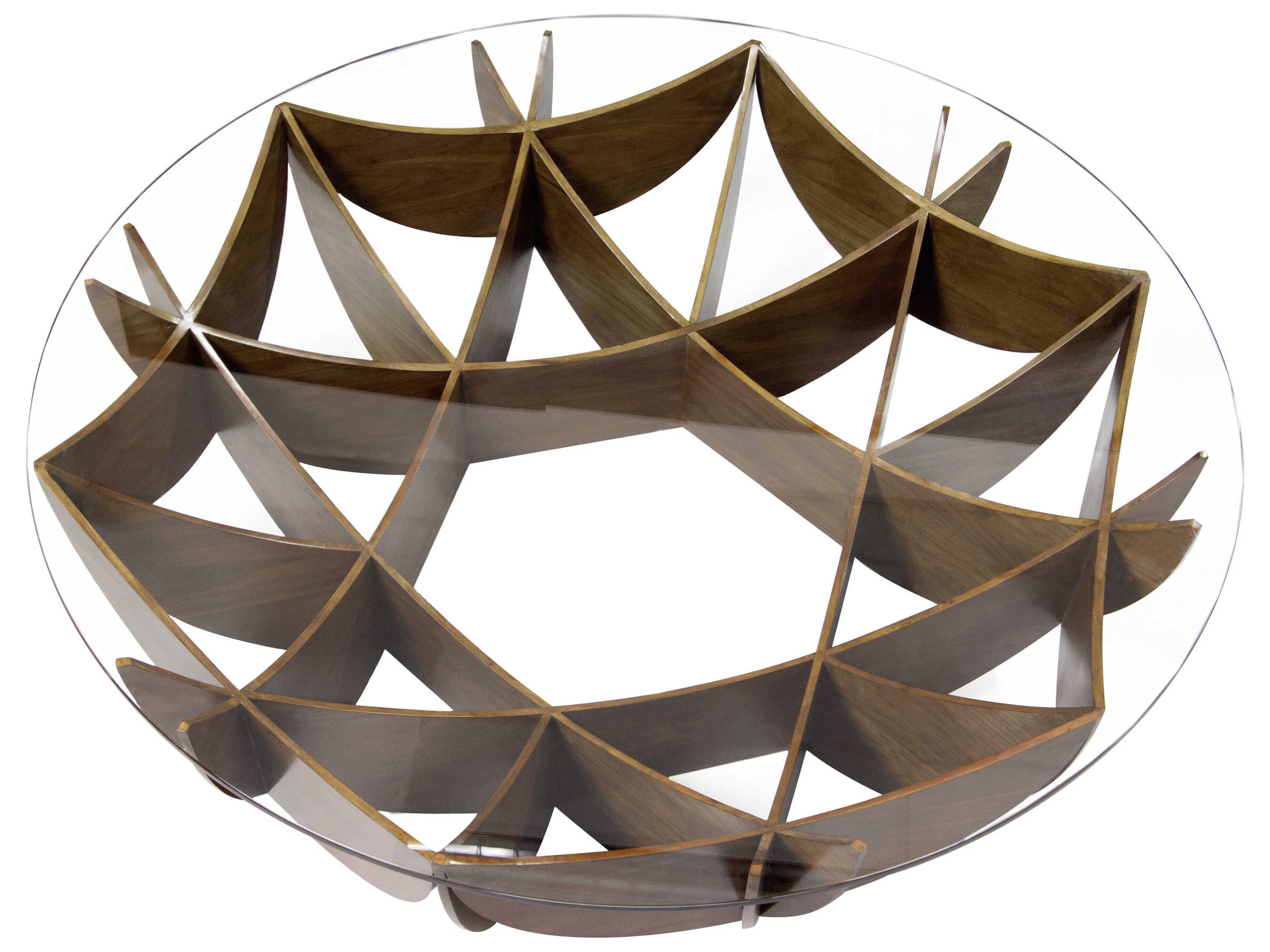 Maitland Smith Honeycomb Round Glass American Walnut Cocktail Table