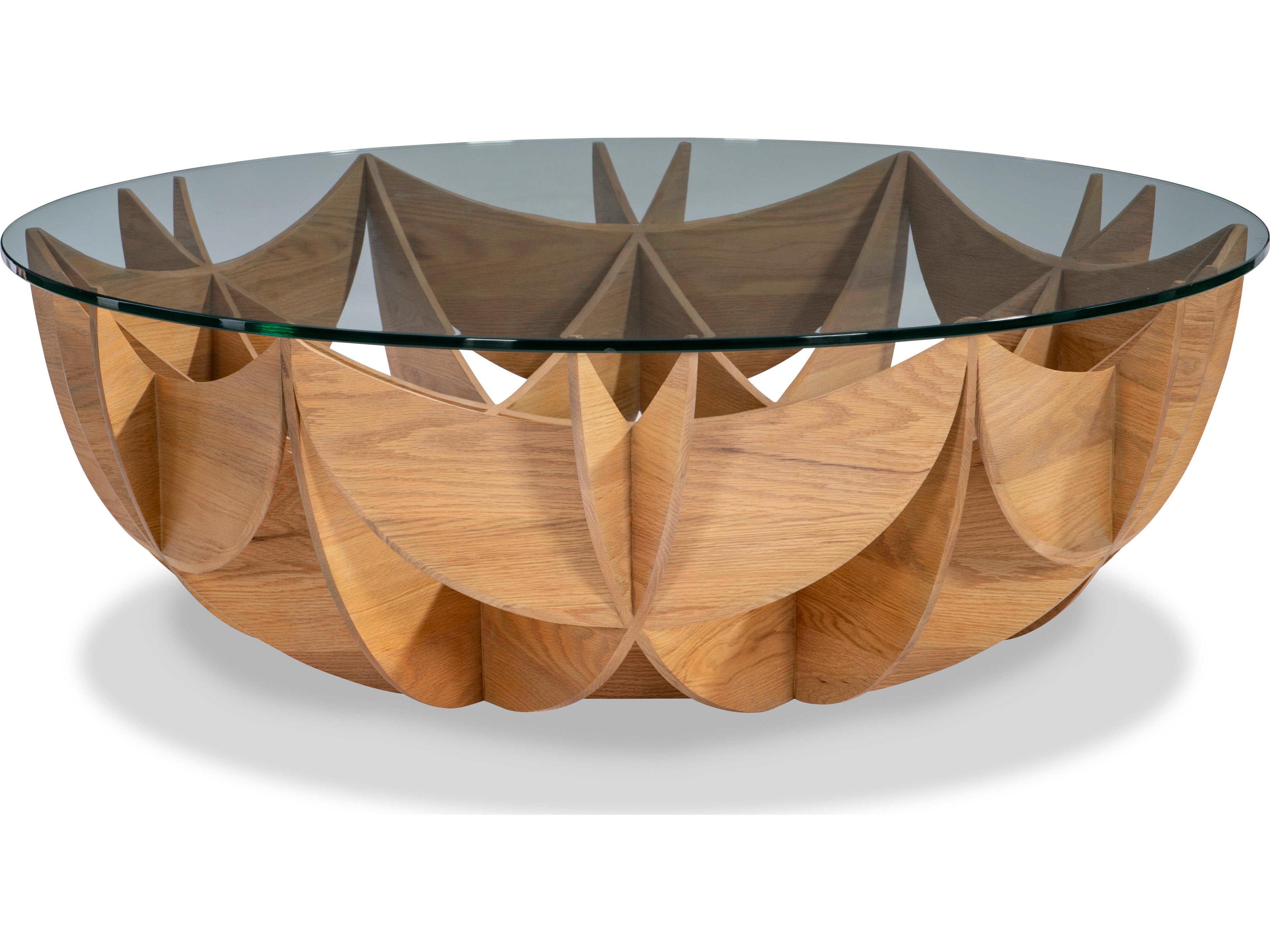 Maitland Smith Oak Honeycomb Round Glass Coffee Table