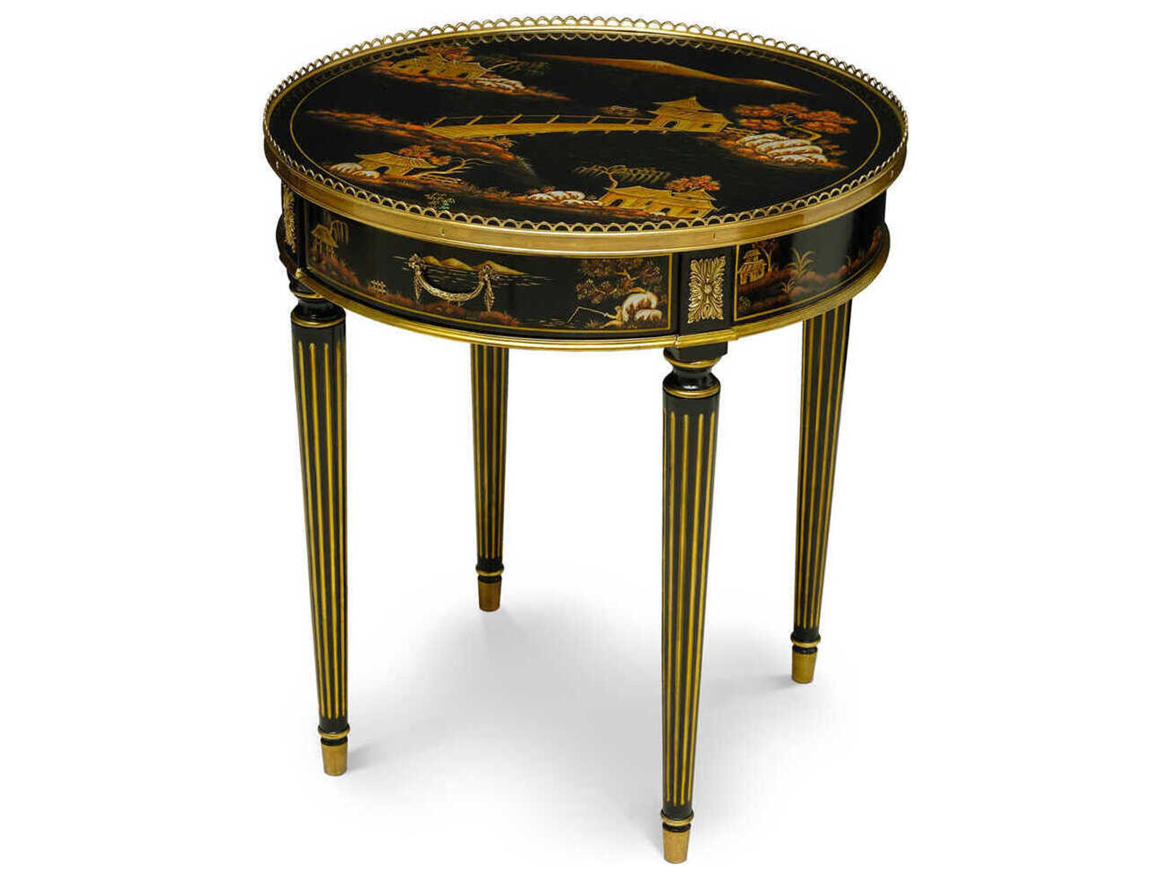 Maitland Smith Silk Round Wood Chinoiserie Black End Table